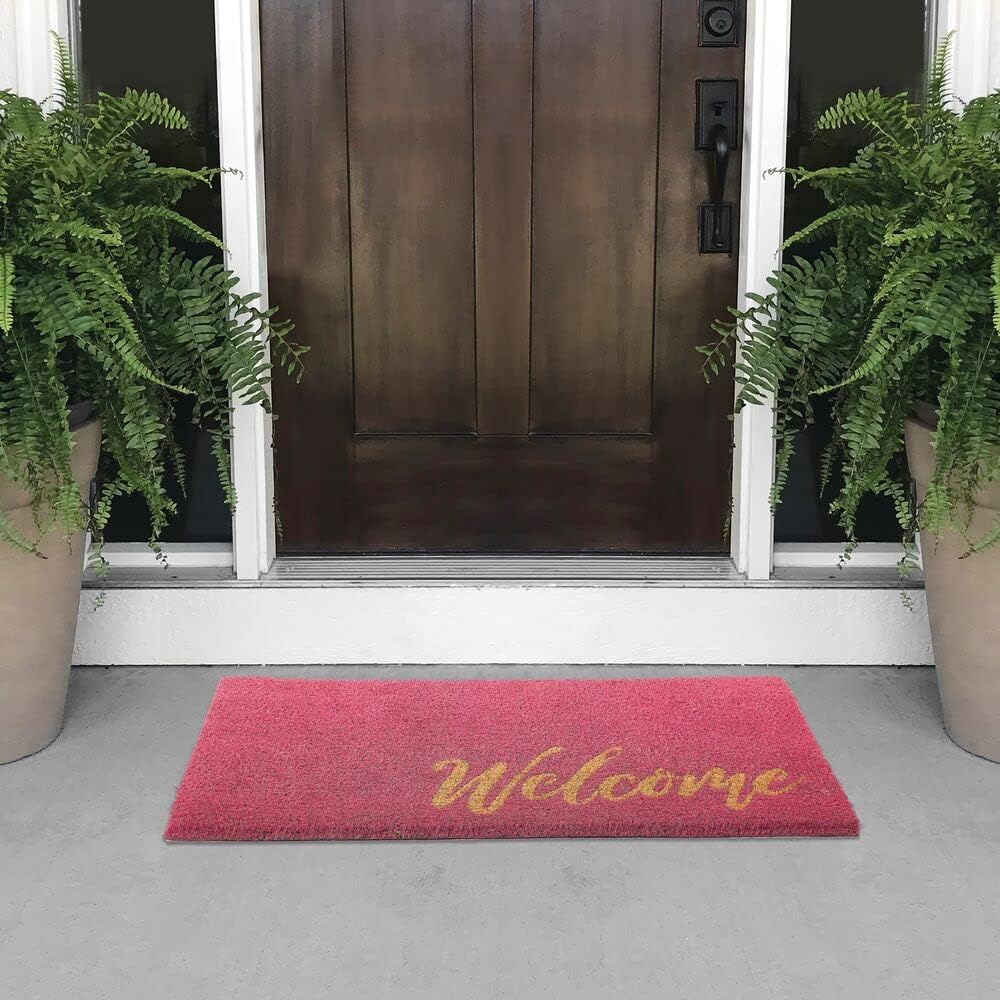 mDesign Non-Slip Rectangular Coir and Rubber Entryway Welcome Doormat with Natural Fibers for Indoor or Outdoor Use - Decorative Script Design - Dark Pink/Natural/Beige