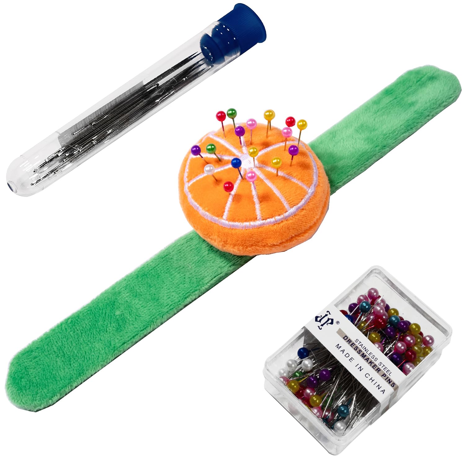 Orange Wrist Pin Cushion for Sewing Snap Bracelet Wrist Bands Pincushion Organizer for Pins and Needles Include 80 Pearl Ballhead Pins and 18 Sewing Needles