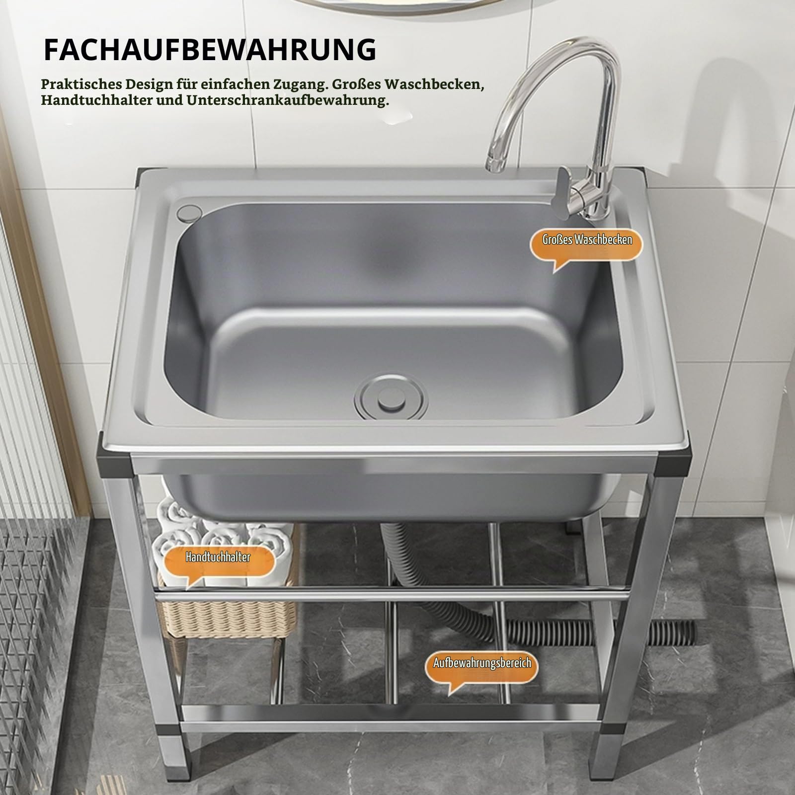 Lavabo portatile da esterno in acciaio con rubinetto e rubinetto, ideale per giardino, campeggio e seminterrato, lavabo
