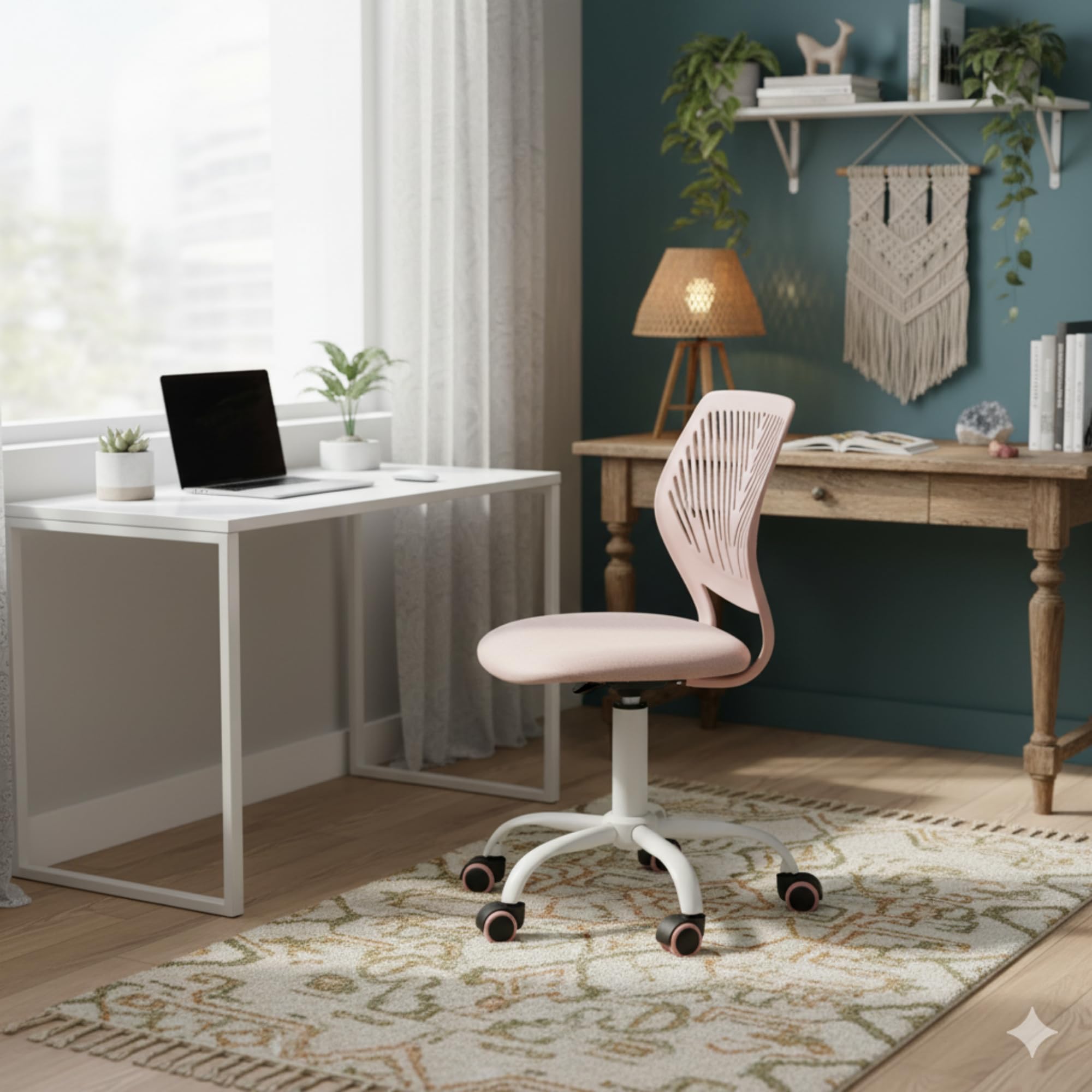 Homy Casa - Silla de escritorio de tela ergonómica giratoria sin reposabrazos, altura ajustable, silla de oficina en casa para niños y adolescentes, rosa Morandi