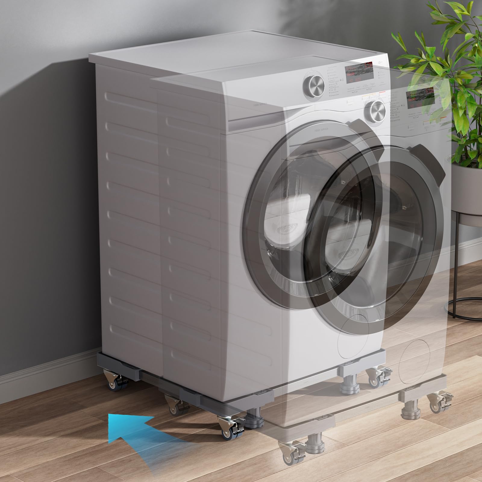 Base Lavadora con 4 Patas y 8 Ruedas con Bloqueo, Pedestales Móviles para Lavadora, Secadora, Frigorífico Capacidad De Carga 500 Kg(Gris, Ajustable: 45,5 – 70 cm)