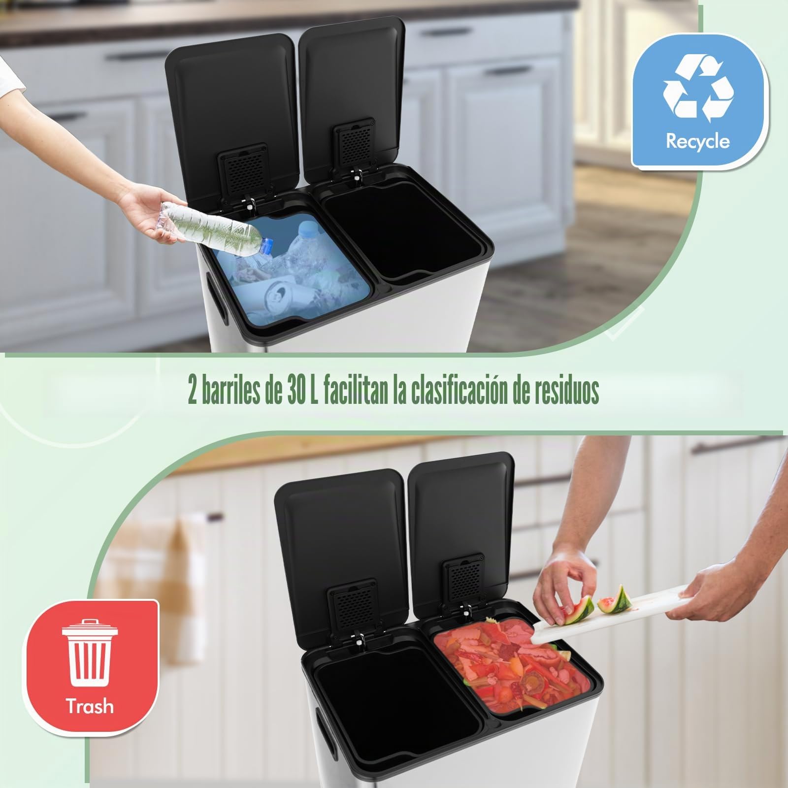GIANTEX Cubo de Basura con Pedal (2 X 30 L), Cubo de Reciclaje Caja Desodorante, Tapa Lisa y Silenciosa, 2 Cubos Extraíbles, Papelera de Reciclaje de Cocina (Plata)