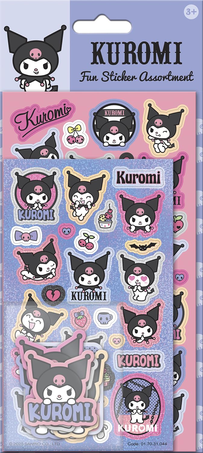 Hello Kitty’s Kuromi Assortment Pack of Stickers, Three Types of Stickers, 60+ Stickers in Total, Great Stocking Filler and Christmas Gifts, Stickers are reuseable on Non-Porous Surfaces, Age3+