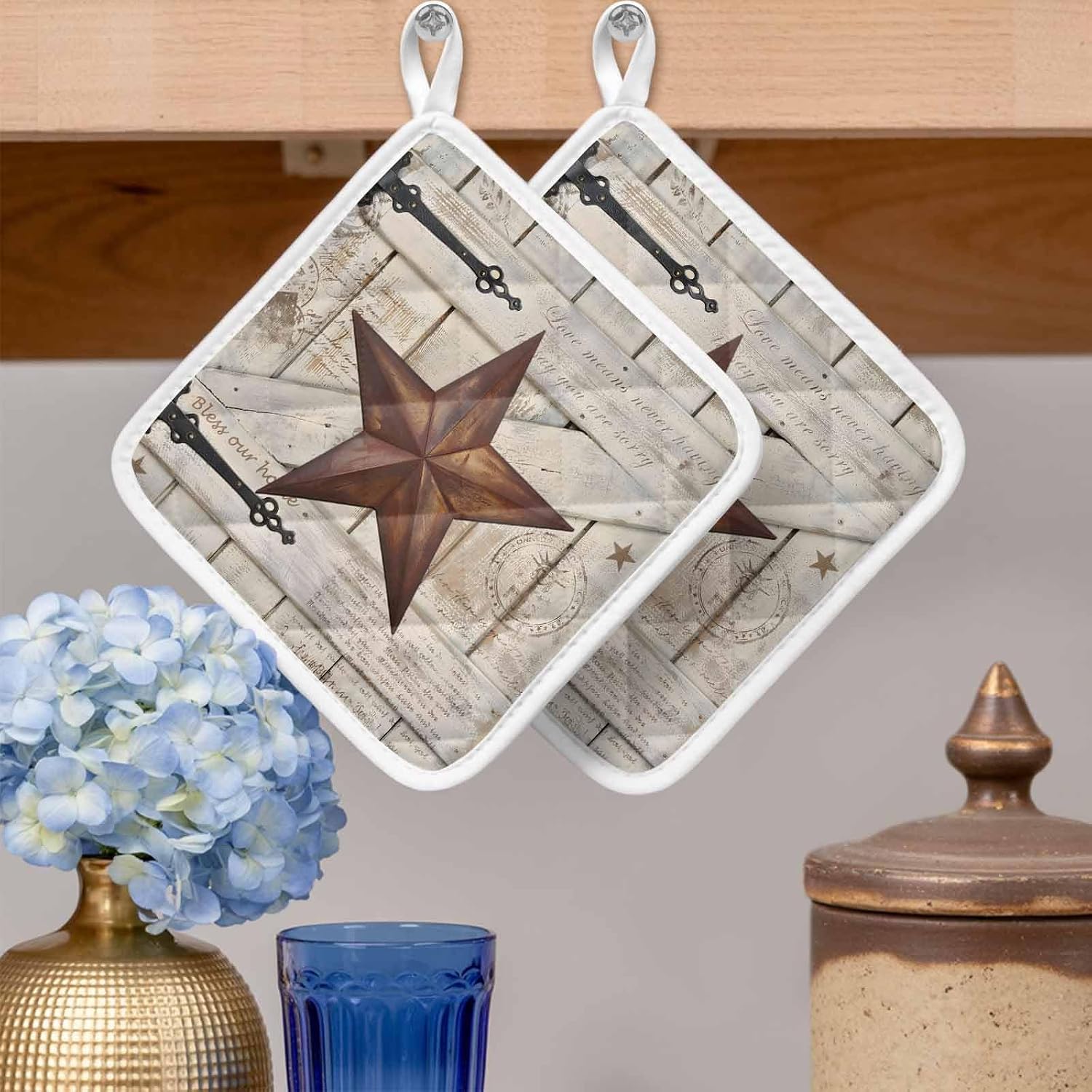 Texas Star Vintage Pot Holders for Kitchen Heatproof Potholder, 5 Pack Retro Brown Berry Wooden Hot Pads Multipurpose Oven Pads Cloth Potholders Trivet for Cooking Baking