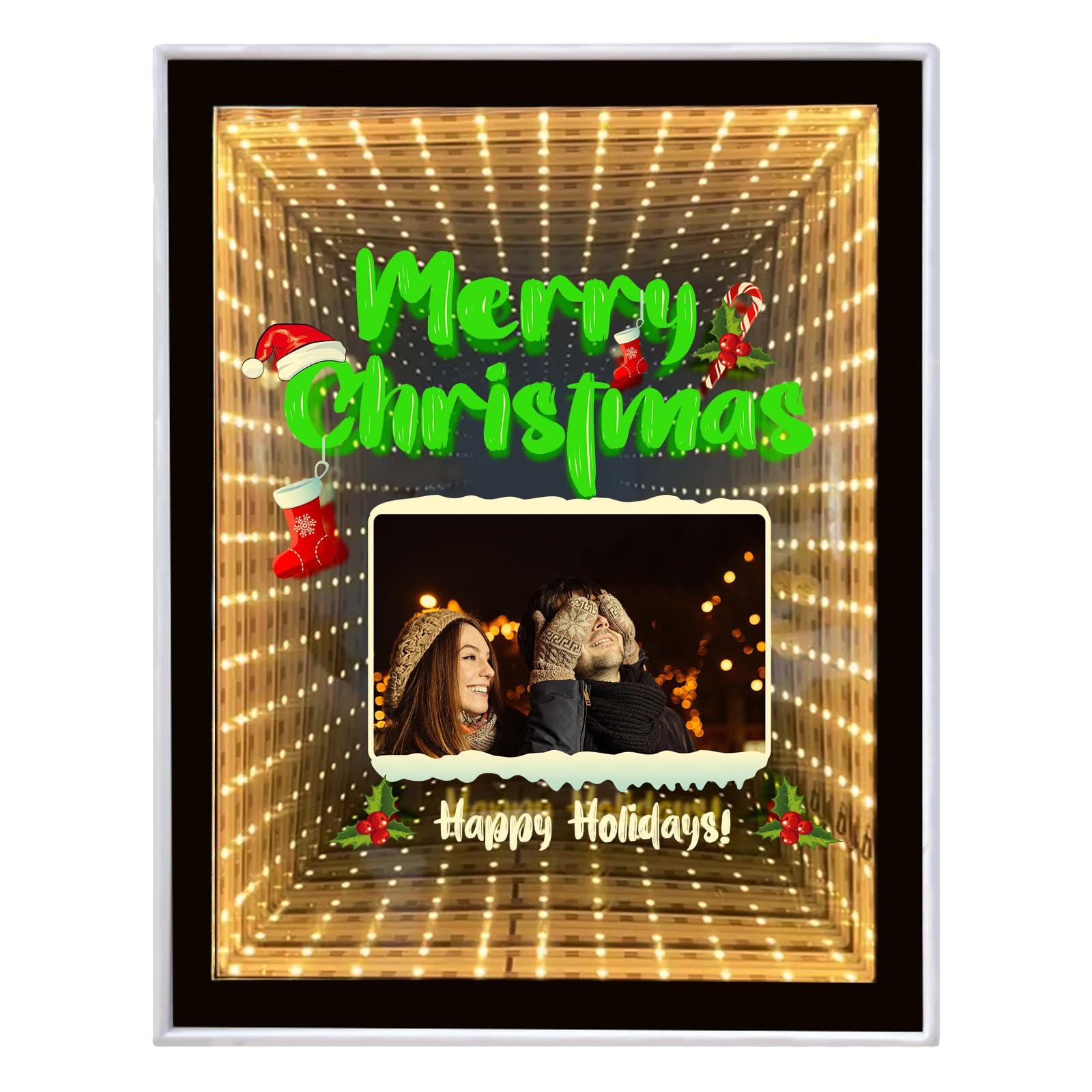 Personalised Infinity Mirror Custom Photos, Custom Christmas Gifts for Family, Girlfriend, Friends, Colleagues, Desktop LED Night Light Makeup Mirror 2 in 1, Home Decoration Bedroom Office Living Room
