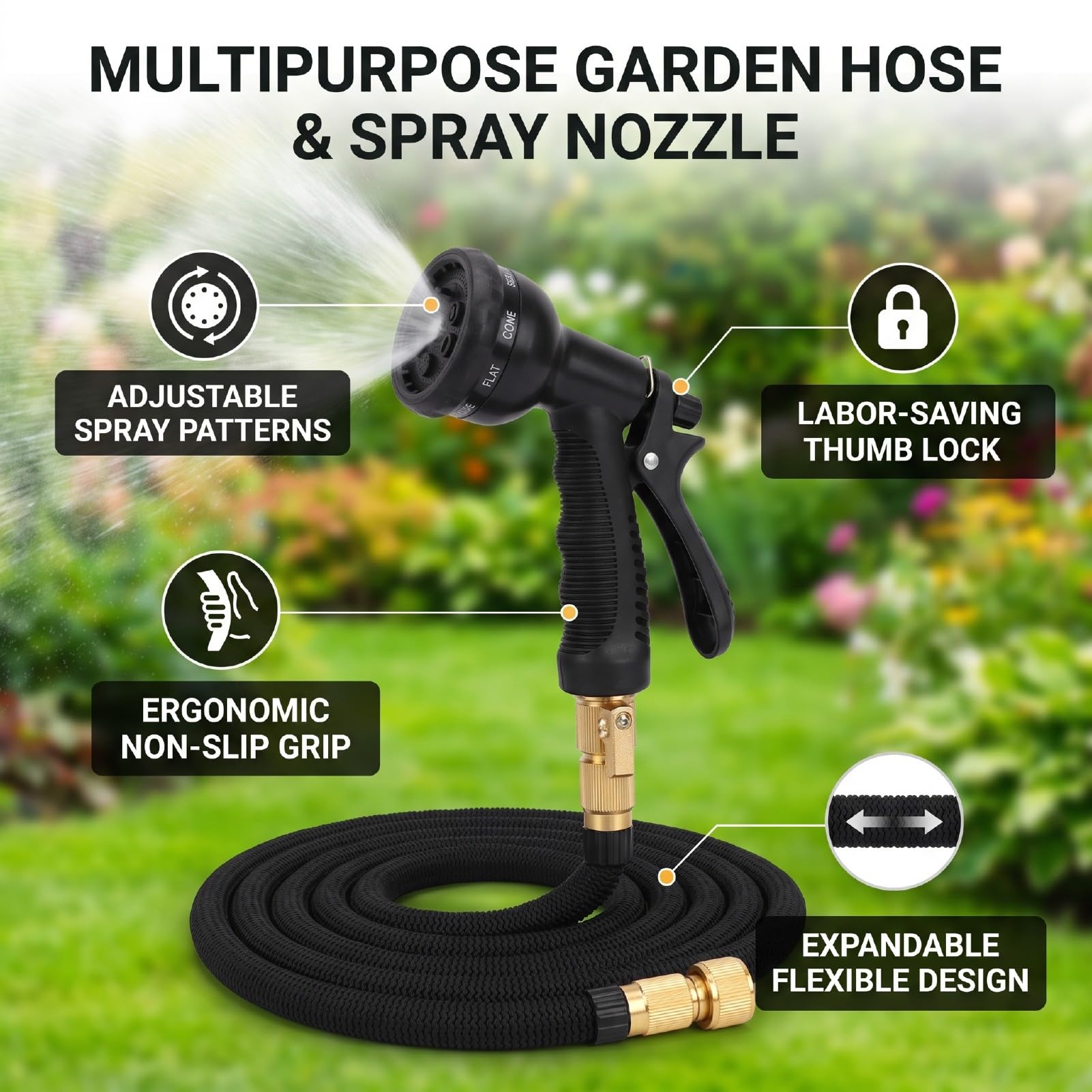 AMONIDA Ugello per Tubo da Giardino Ugello Spruzzatore in ABS TPR | Ugello per irrigazione con maniglia di bloccaggio a 10 modelli per il lavaggio dell'auto da giardino