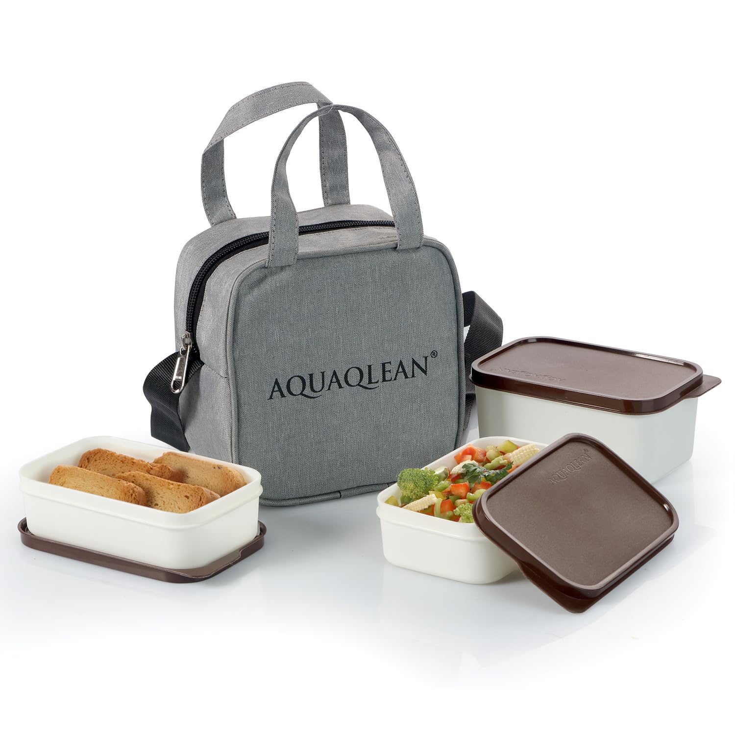 AQUAQLEANClassic Lunch Tiffin Box with Bag Set of 3 (2x250ml, 1x 500ml) BPA Free Food Grade Plastic containers | Microwave & Dishwasher Safe | Airtight & Leak Proof | Meal Box for Office and School
