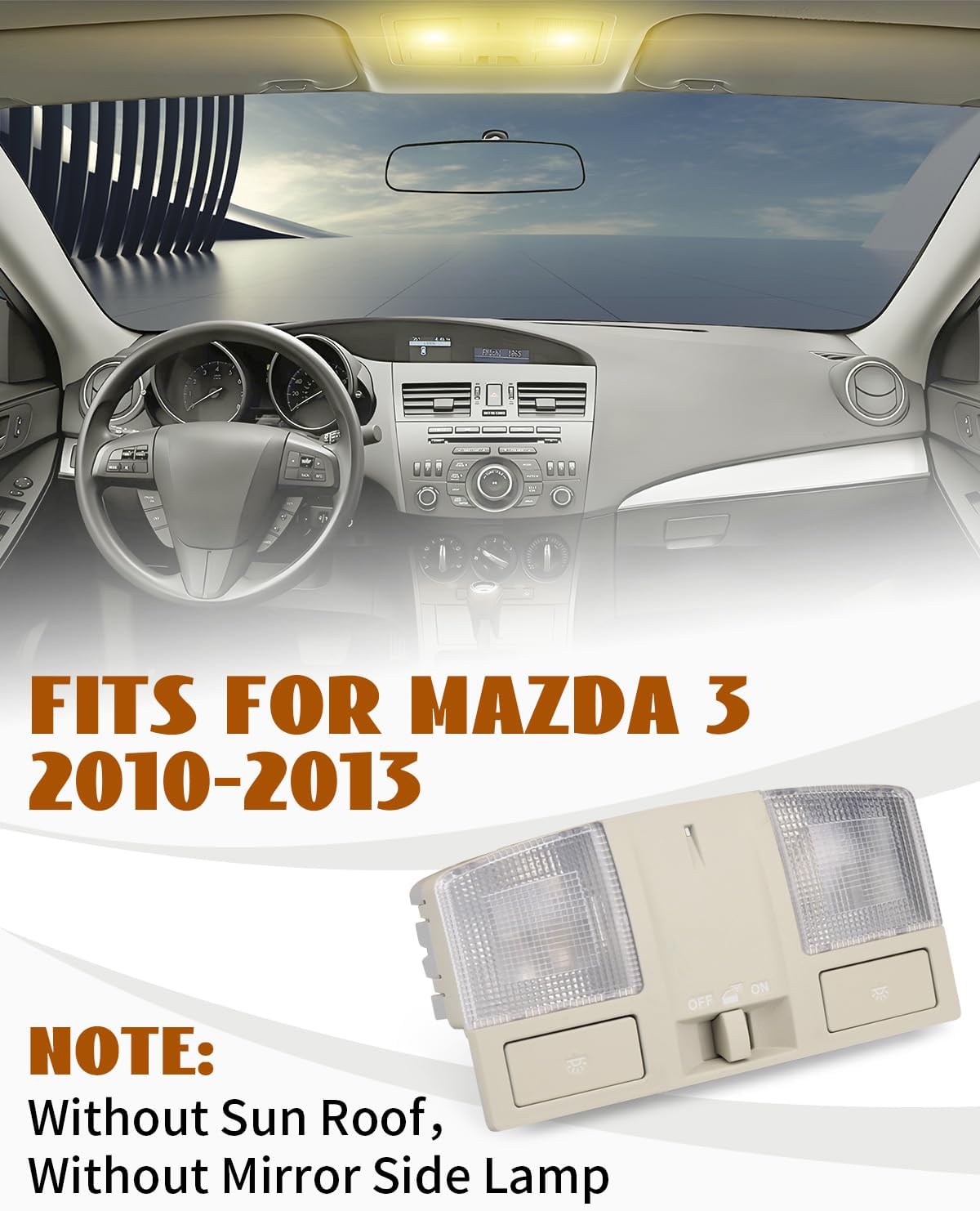 Overhead Console Dome Light Replacement LED Interior Roof Map Reading Lamp Fit for Mazda 3 2010 2011 2012 2013, Replace BBM4-69-970B-75 Without Sun Roof Mirror Side Lamp