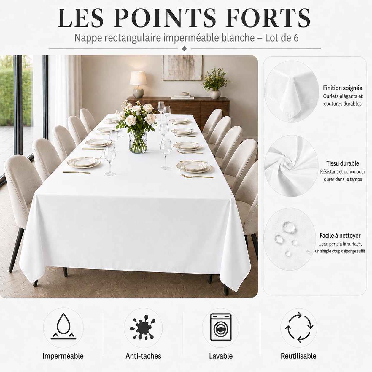 6 manteles rectangulares blancos de 229 x 335 cm, mantel de poliéster, manteles blancos para mesa rectangular impermeable, resistente a las manchas, lavable, en volumen, para bodas, buffet