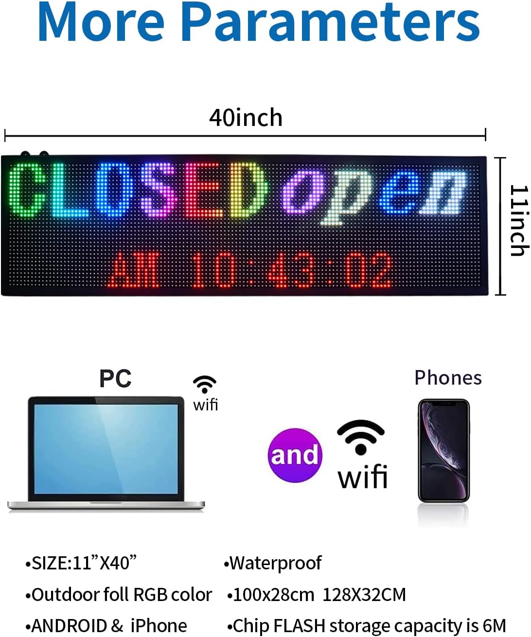 Commercial P7 Programmable LED Sign - 40x11 Inch High-Brightness Outdoor Open Sign Waterproof with USB & WiFi, All-Weather Indoor/Outdoor Digital Message Board - Image 4