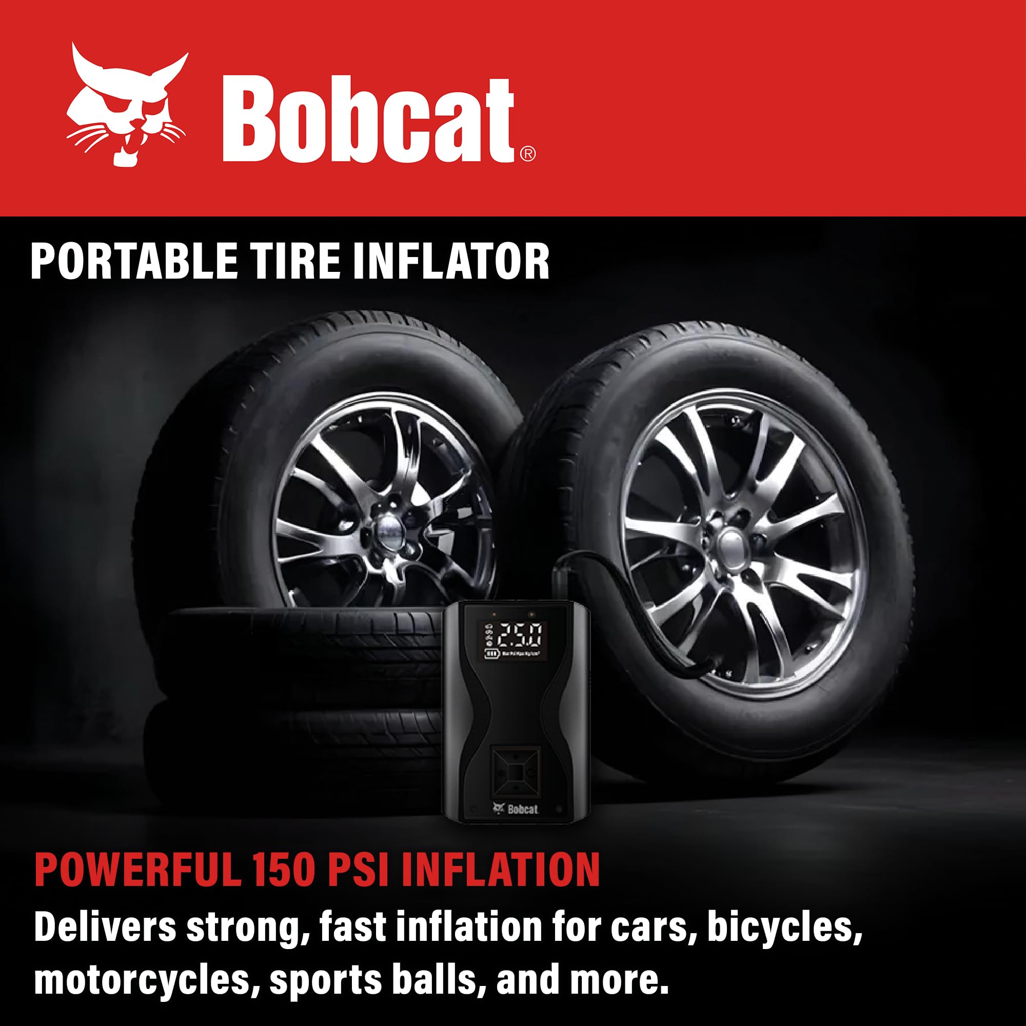 Bobcat - Gonfiatore portatile per pneumatici, ricaricabile, con display a LED, spegnimento automatico, torcia integrata, compatto e portatile, per auto, biciclette, palloni e altro, 150 PSI