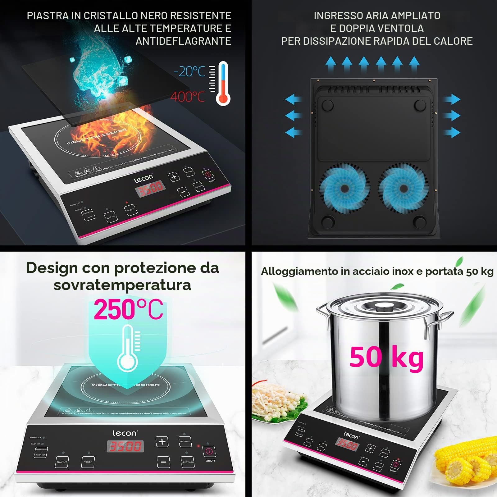 Lecon - Piano cottura a induzione, 3500 W, con timer on/off e funzione isolante, grande capacità di carico 50 kg, alloggiamento in acciaio inox, controllo della temperatura, piano cottura