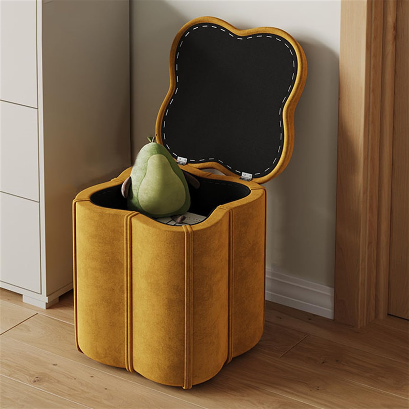 Otomana Redonda con Almacenamiento, Tapa extraíble y Asiento Acolchado. Elegante reposapiés para Dormitorio o Sala de Estar. Diámetro: 37 cm (14,57 Pulgadas).