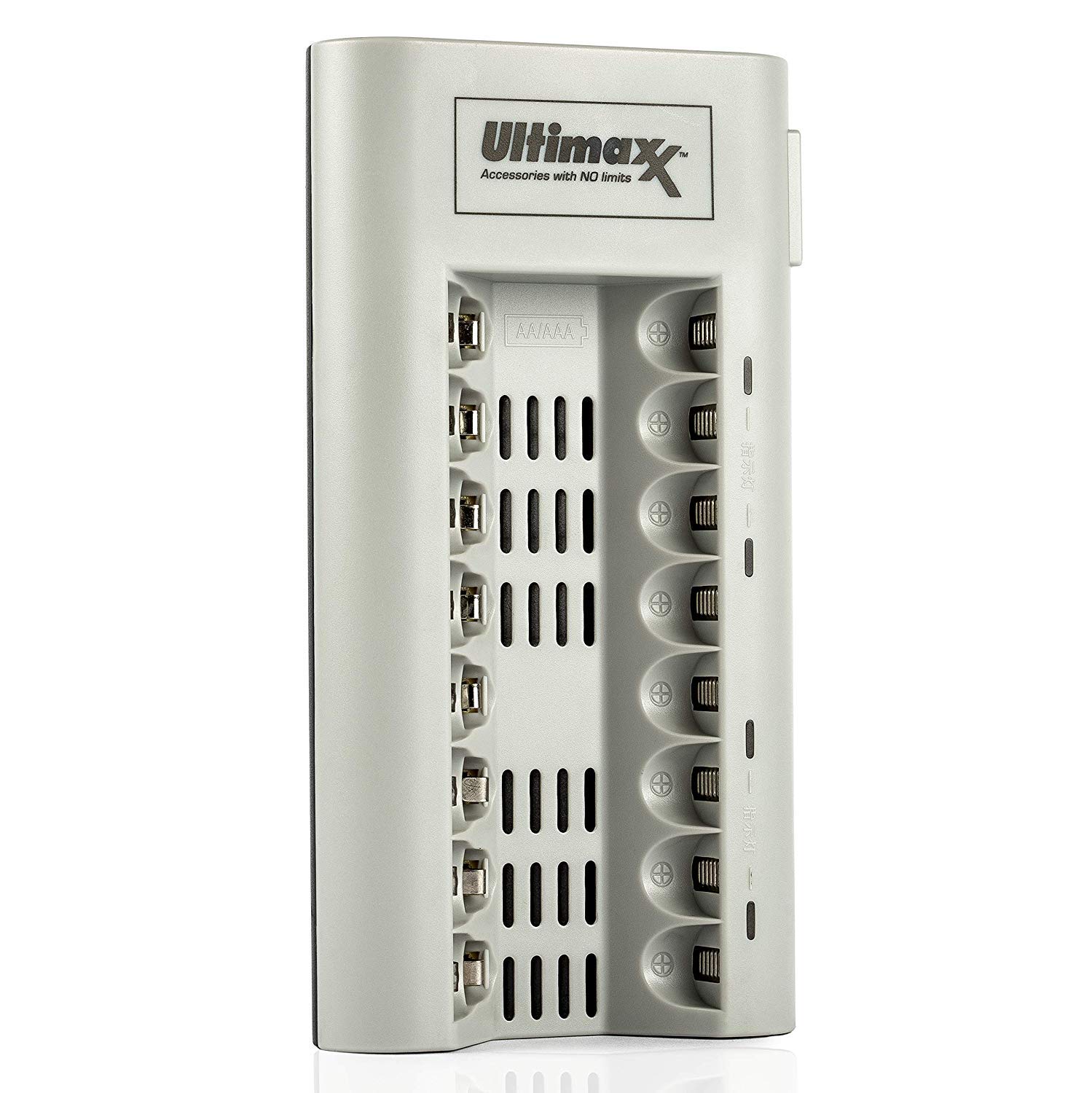 Ultimaxx Charger with Batteries – 8 Port Battery Charger and 2X AAA Batteries 1100mAh (4Pcs) Memory Free- Rechargeable, Ni-MH, Durable & Long-Lasting Batteries