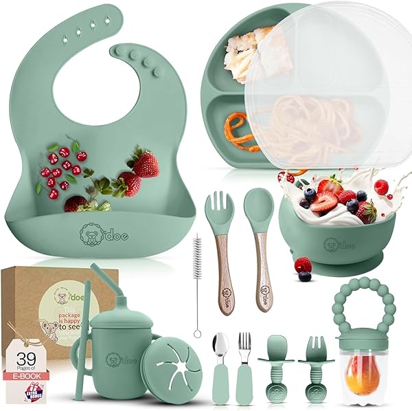 O'doe 17-Piece BPA-Free Silicone Baby Feeding Set | Thick & Soft Suction Plates, Baby Bowls, Wooden Fork & Spoon, and More | Make Mealtime Fun and Easy for Your Little One (Green, V2)