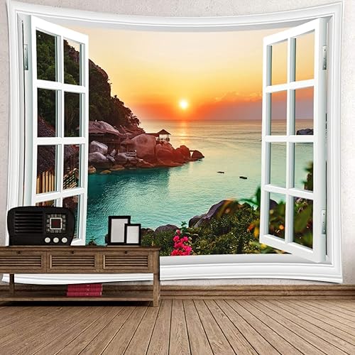 Miniatura 2 de Homiest Tapiz para colgar en la pared, diseño de paisaje natural para relajarse, vacaciones, cielo, montaña, agua, horizonte, tapices de ventana