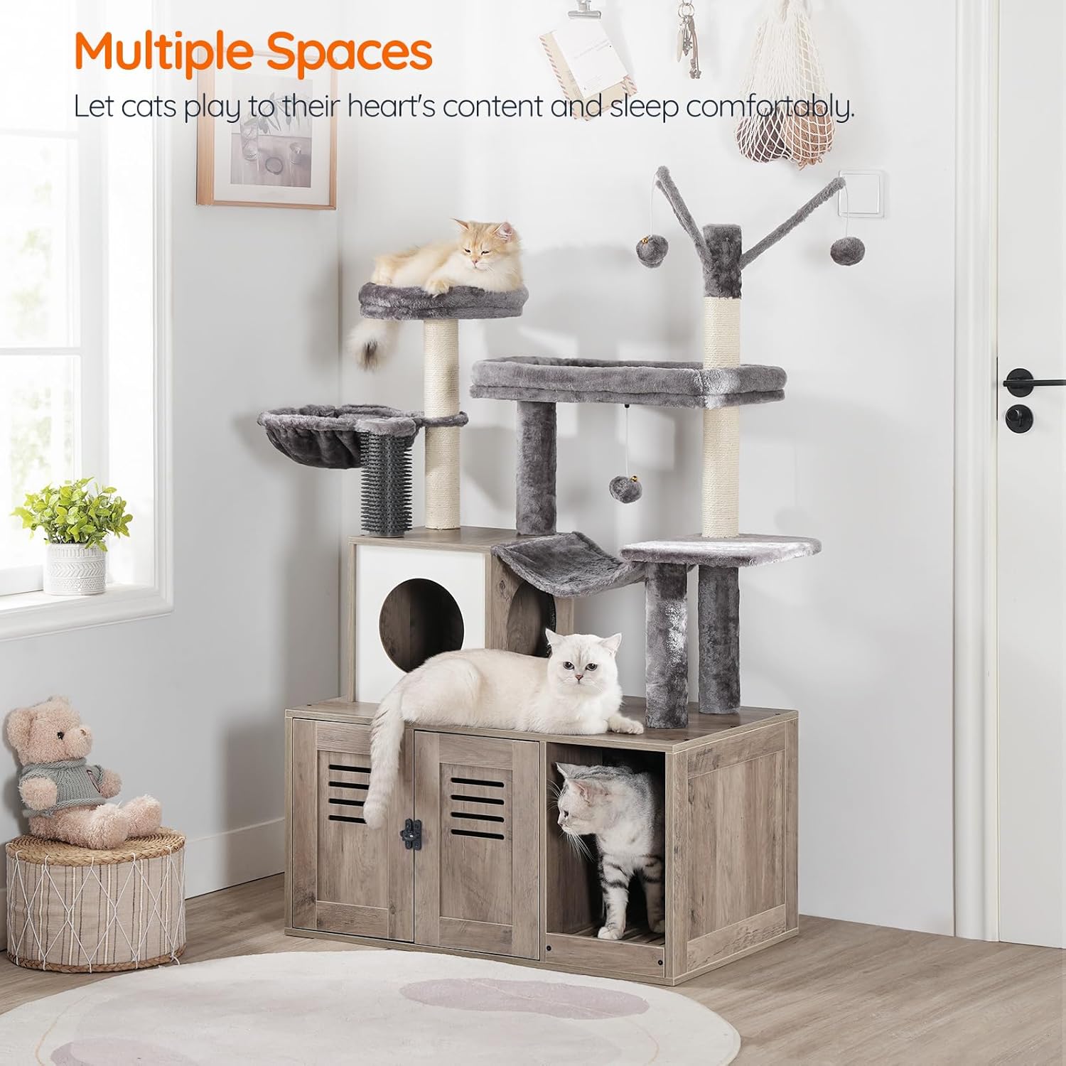 HOOBRO Large Hidden Litter Box, Cat Tree with 30.7'' Long Litter Box Enclosure, Modern Cat Tower, Cat Condos with Scratching Posts, Rubbing Post, Hammock and Teaser Sticks, Greige BG28MZ03G1