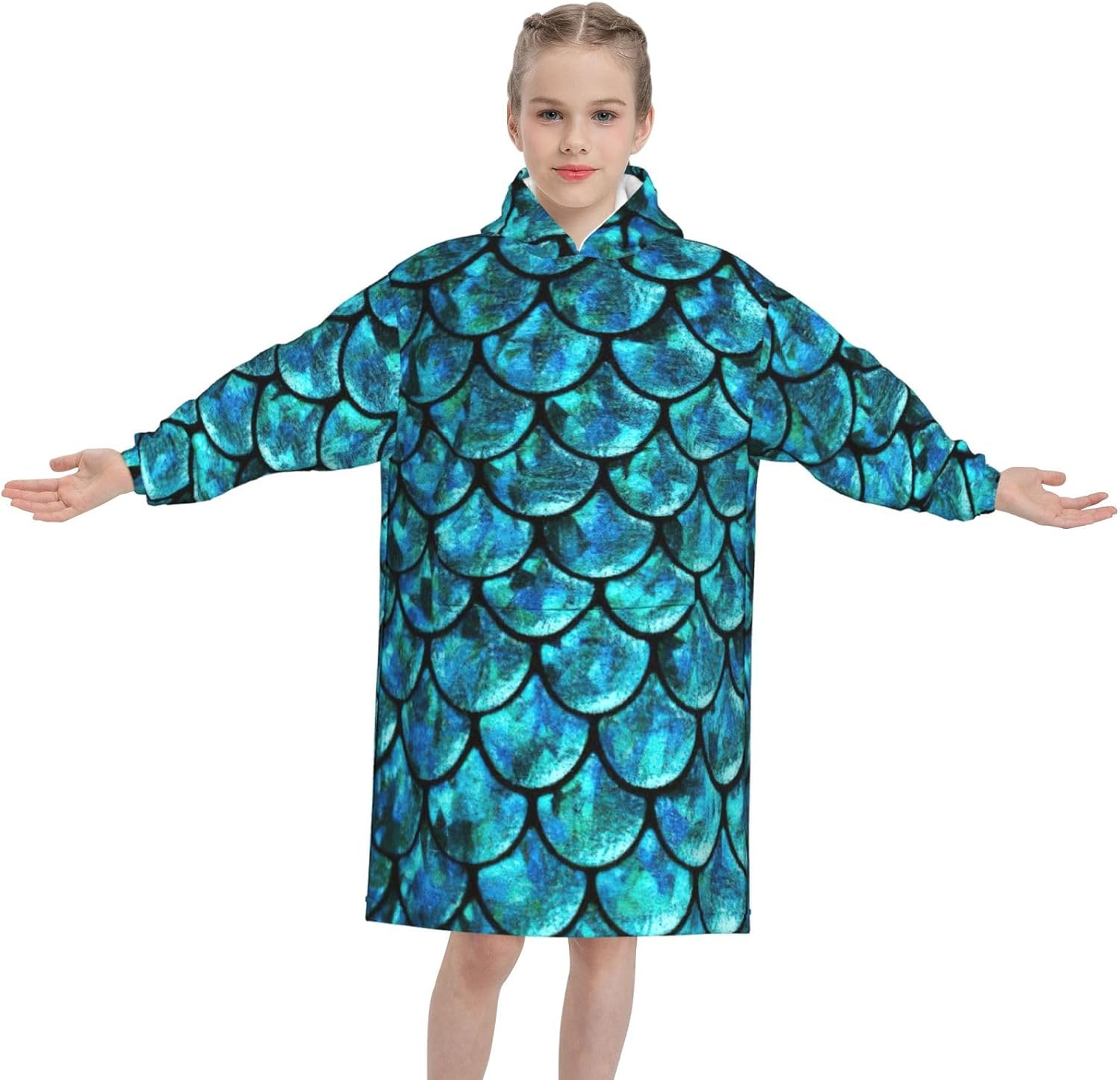 Fish Scale Print Oversized Blanket Hoodie, Wearable Blanket Hooded,Hooded Pullover With Pocket