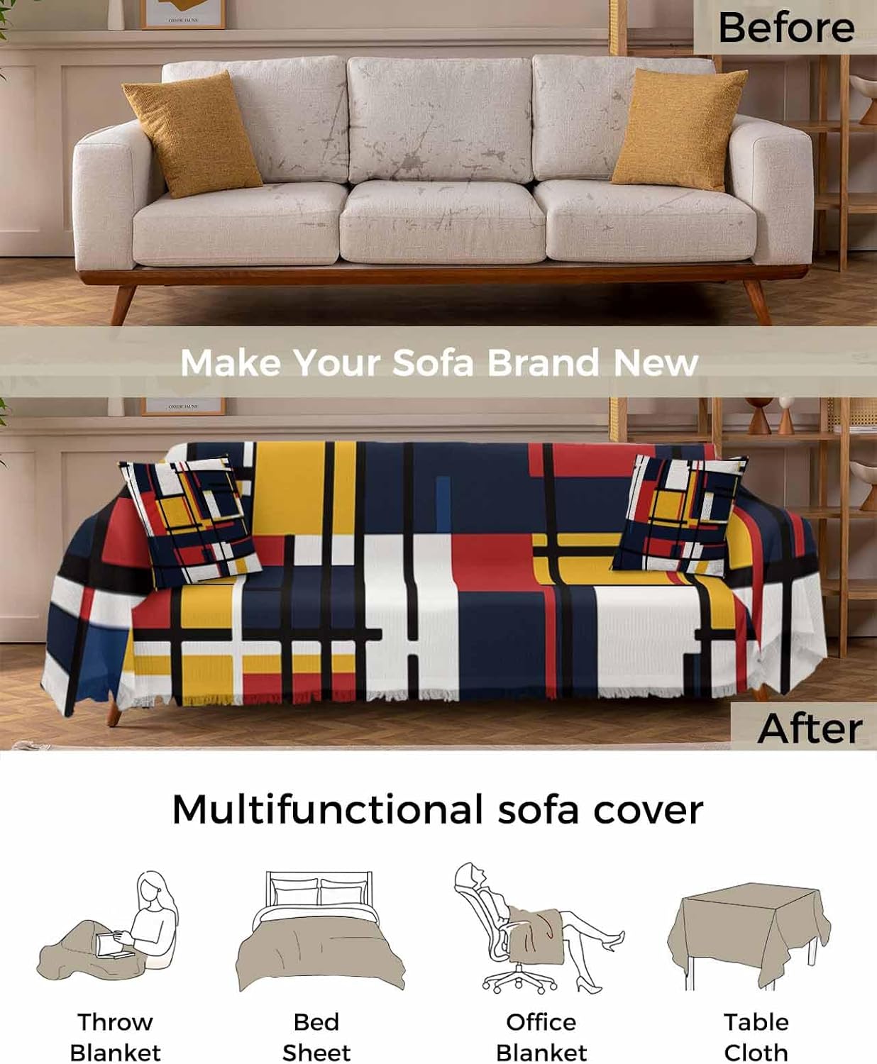 ALAGEO Couch Cover Modern Geometric Washable Sofa Covers with Tassel Mondrian Abstract Art Decorative Sofa Slipcover Protector 71" x 91"