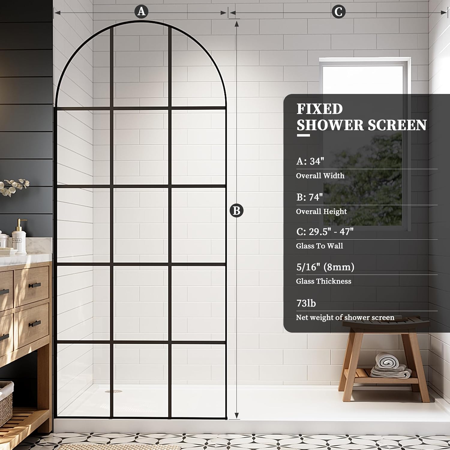 34''W x 74''H French Glass Shower Screen for Bathroom,Fixed Framed Walk in Arched Shower Door in Matte Black Finish, Shower Glass Panel with 5/16" (8mm) Clear SGCC Tempered Glass, Easy Installation