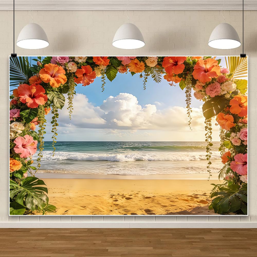 3 x 2,5 m tropikalny hibiskus, łuk kwiatowy, plażowy, styl ślubny, z pomarańczowymi różowymi kwiatami nad falami morskimi, tło do hawajskiej fotografii letniej