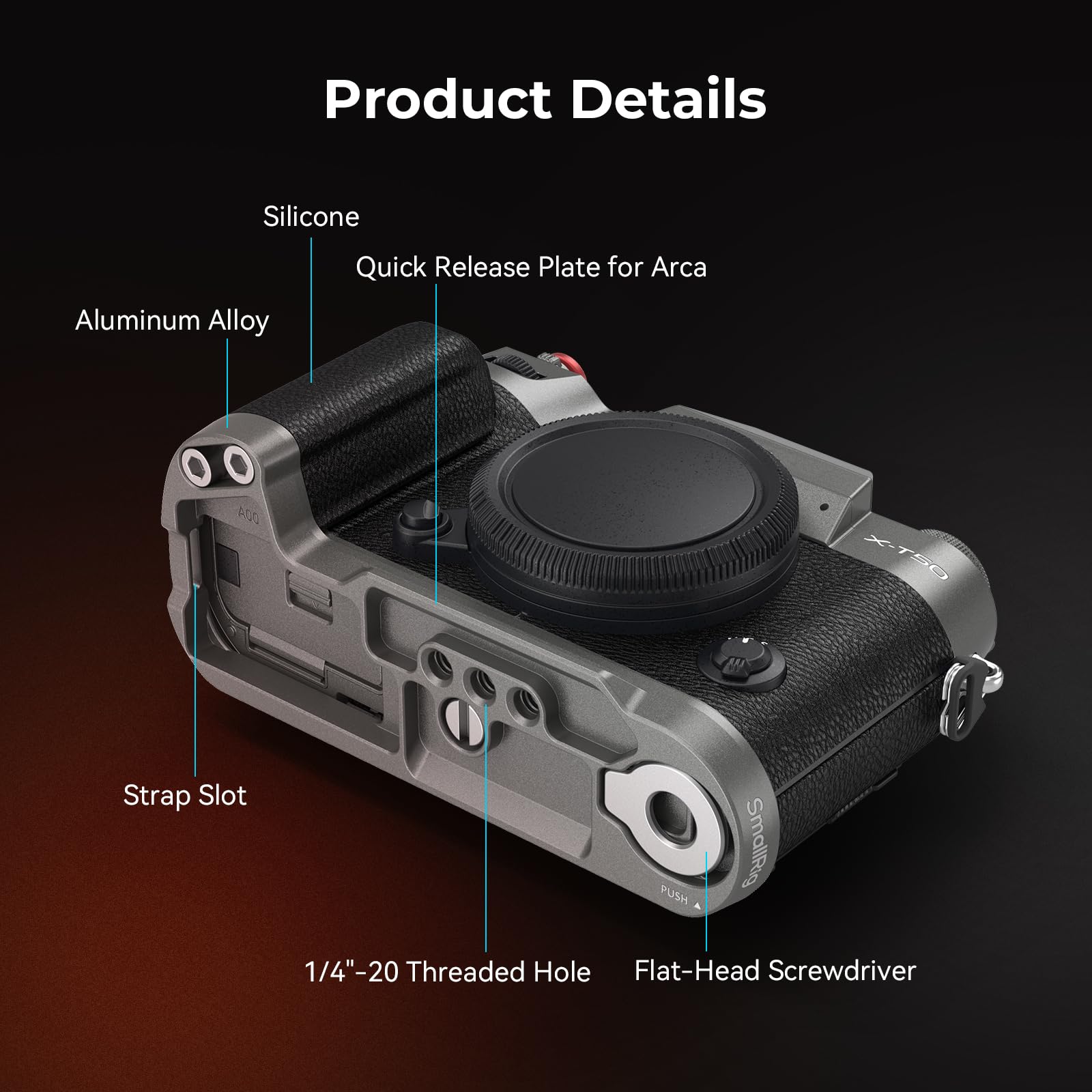 SMALLRIG Poignée pour FUJIFILM X-T50, Poignée en Silicone en Forme de L avec Plaque de Dégagement Rapide Intégrée pour Arca, avec Bouton Obturateur et Cache Griffe, Gris Graphite - 4712B
