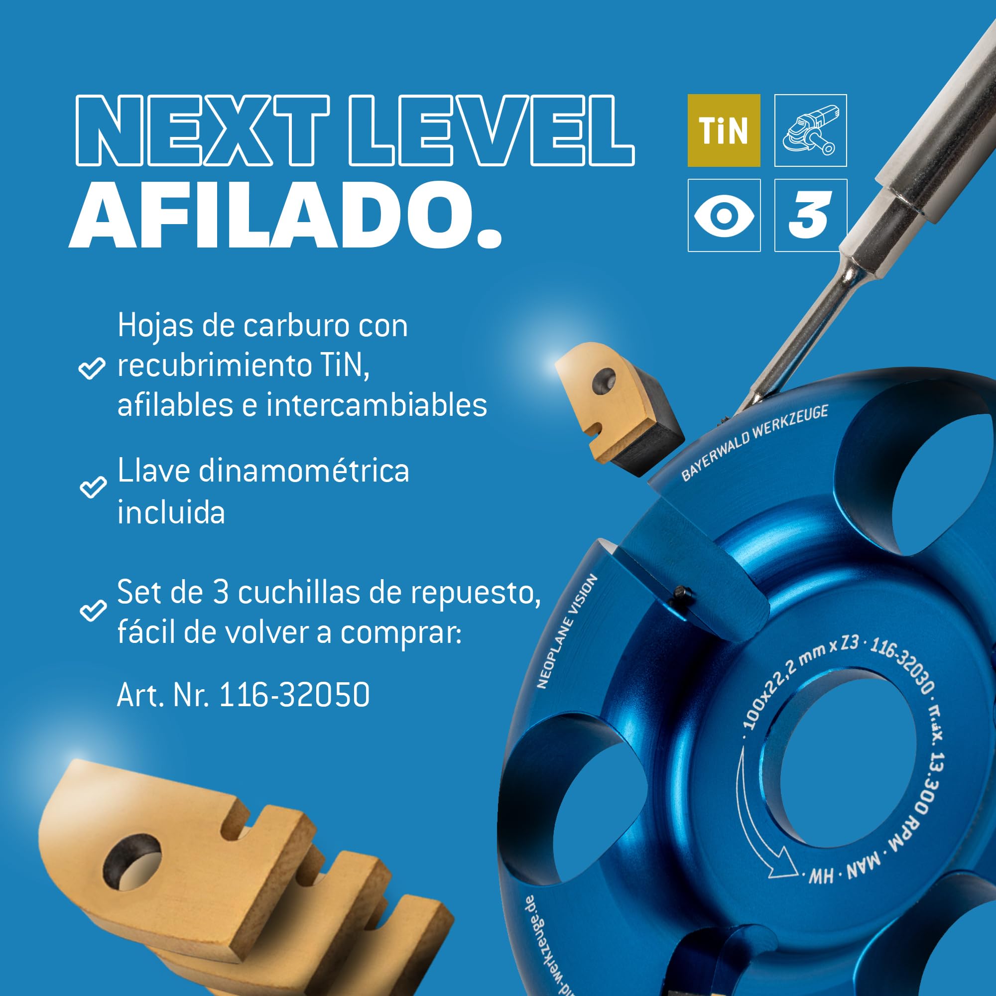 Bayerwald Werkzeuge NeoPlane - Disco de madera para amoladora angular - Disco madera Ø 100 mm - Dientes de carburo TiN intercambiables, larga vida útil