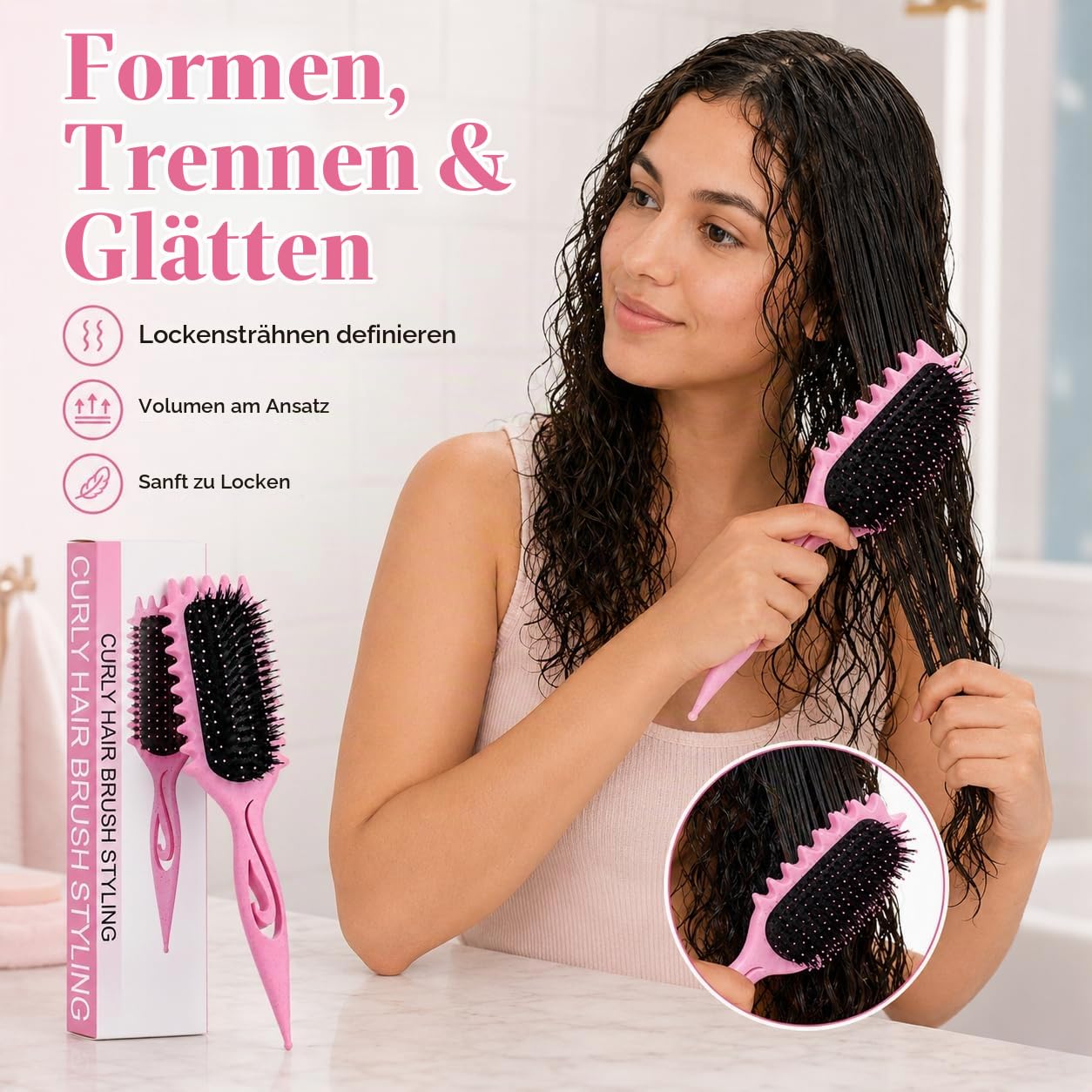 Lockenbürste Curly Hair Brush mit Wildschweinborsten,Stylingbürste (Rosa) – Ansicht 6