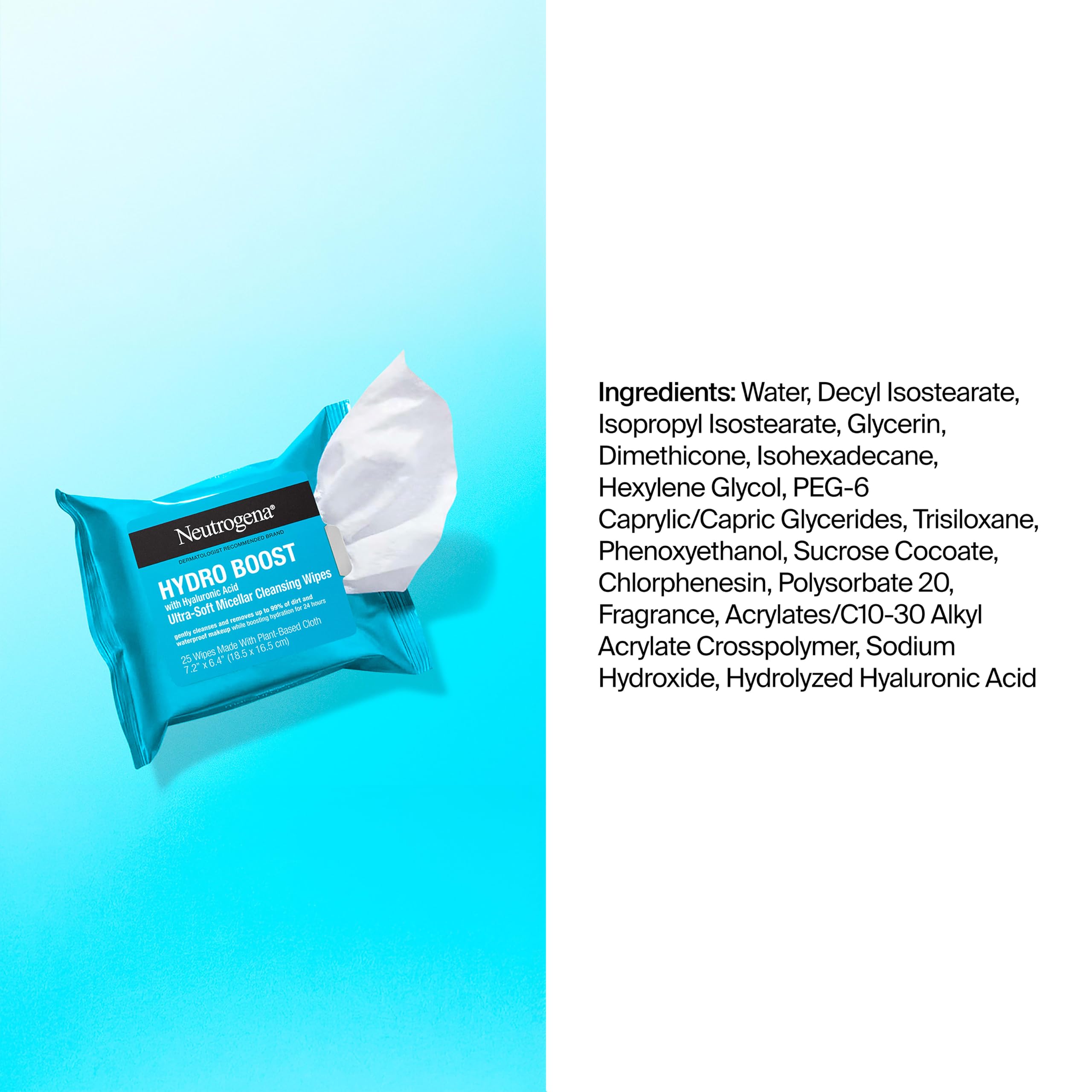 Neutrogena HydroBoost Facial Cleansing & Makeup Remover Wipes with Hyaluronic Acid, Hydrating Pre-Moistened Face Towelettes to Cleanse &Remove Dirt, Makeup & Impurities, Twin Pack, 25 ct