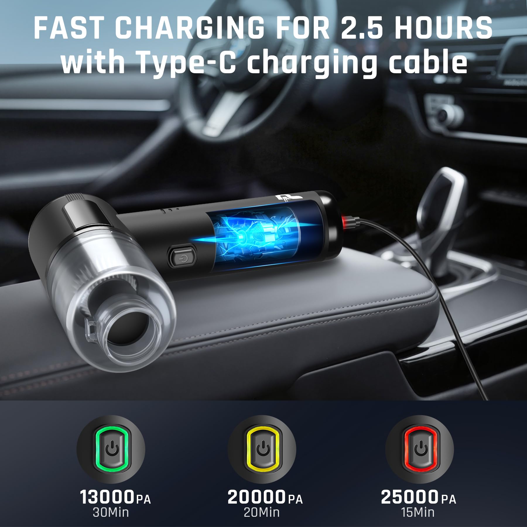 Pourbibi Aspirabriciole Senza Fili Potente, 25000Pa Aspirapolvere Auto Portatile con Motore Brushless Mini Aspirapolvere Potente per Auto Casa Ufficio Peli di Domestici