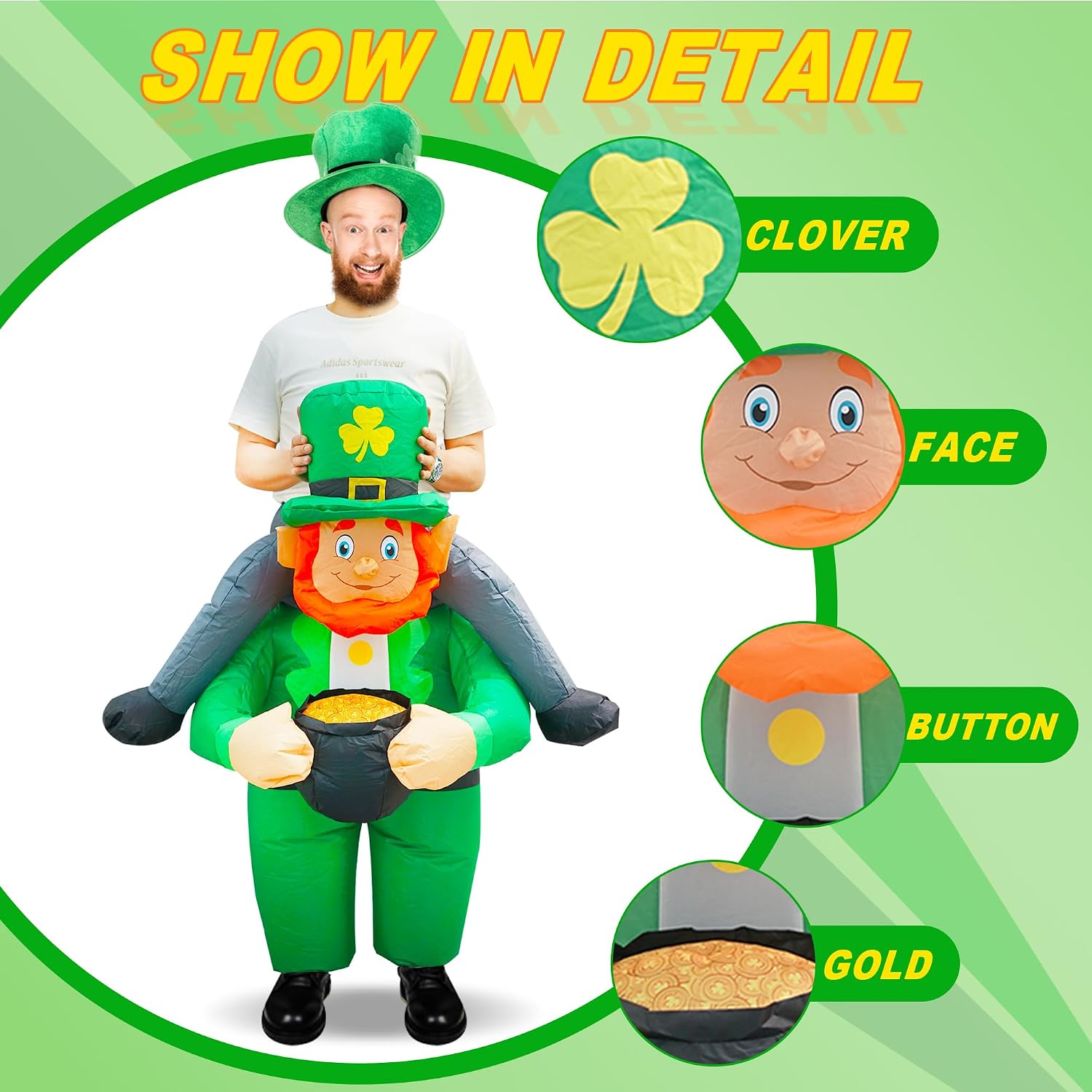 Adult St. Patrick Inflatable Leprechaun Costume with Pot of Gold, St. Patrick Leprechaun Inflatables Costume for Unisex Adult