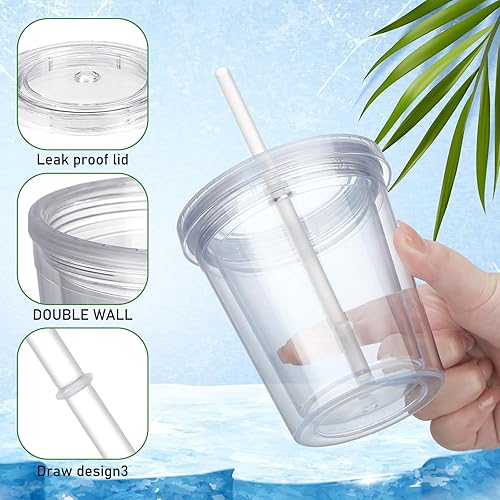 Miniatura 2 de FoldTier 6 vasos transparentes con tapa y popote para niños, vaso de doble pared de acrílico aislado de 12 onzas, vasos reutilizables de plástico
