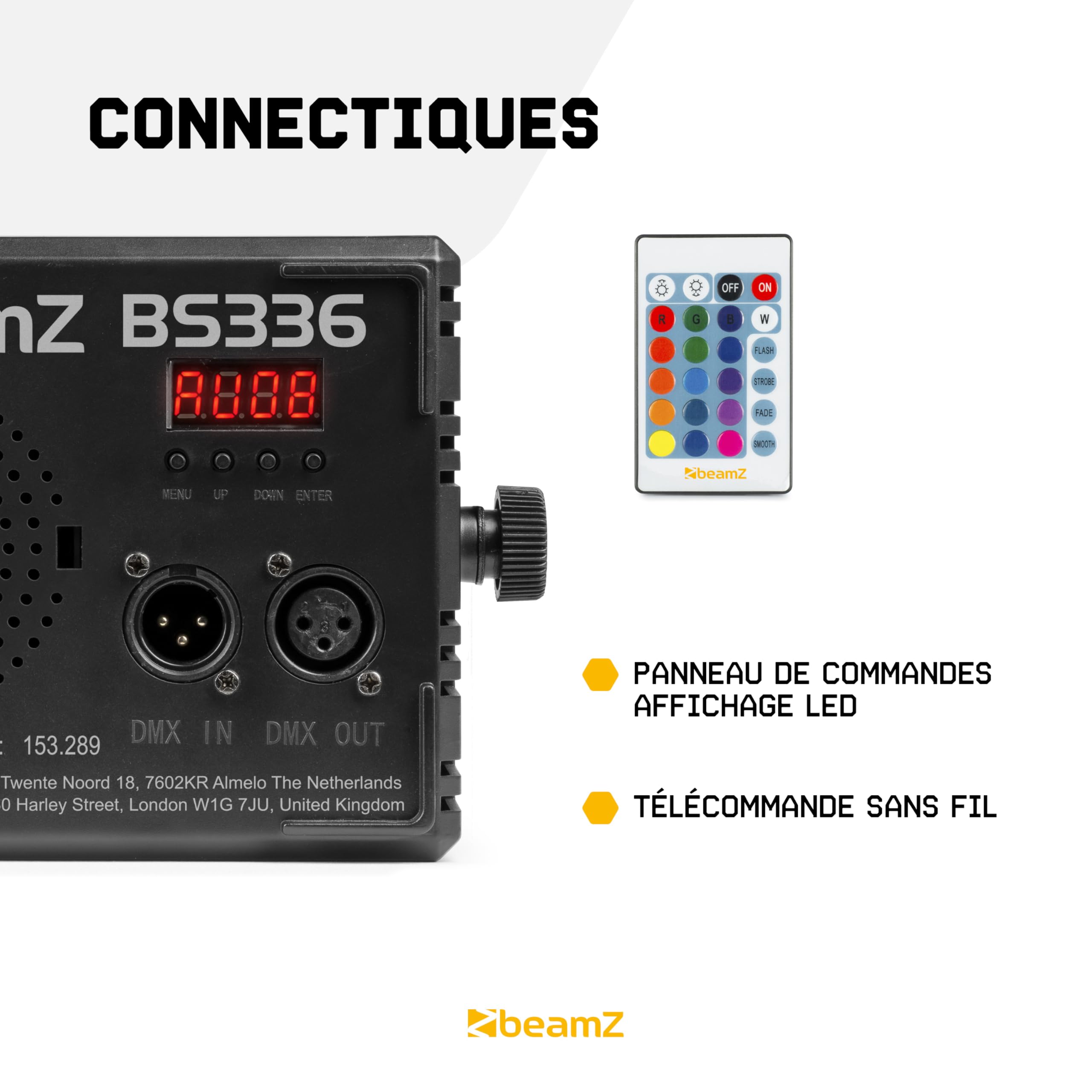 BeamZ BS336 - Stroboscope LED SMD Combo RGB+W 336 LED | Effet strobe + wash + blinder | DMX multi-zones | Éclairage pro DJ, bar & événement