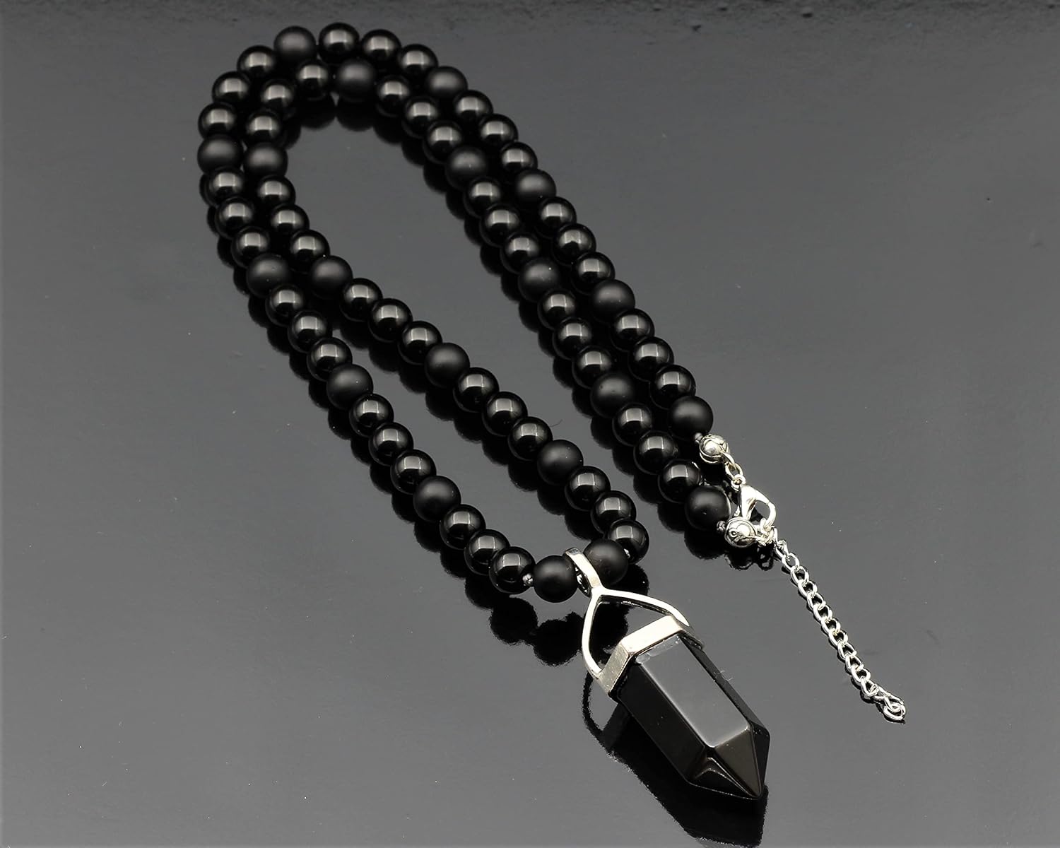 ElisaJewelryArt - Big Pointed Onyx Pendant Black Onyx Beaded Necklace Genuine Gemstone Strength Stone Clasp Closure Hematite Necklace Unisex Necklace - Image 5