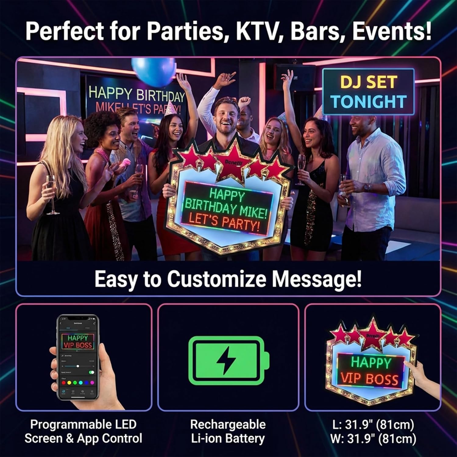 Large 31x31 Programmable LED Sign - Bluetooth App Control Scrolling Message Board for DJ, Bars, Karaoke & Holiday Parties - Rechargeable Custom Text, Animation & Graffiti Light Up Display