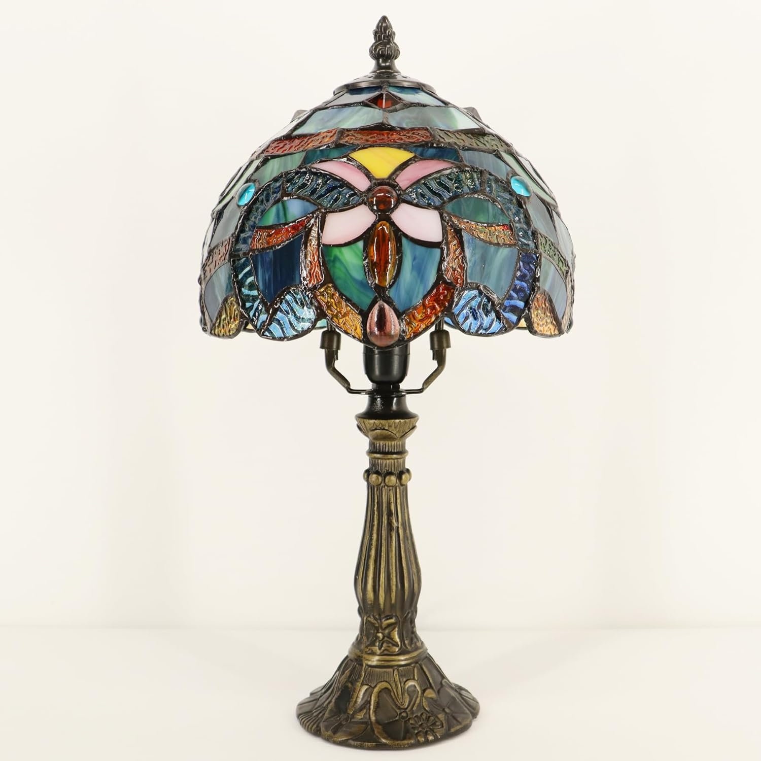 Small Tiffany Lamp Mini Accent Table Lamp Stained Glass Desk Memory Lamp Sympathy 8X14.5 Inch (Blue Baroque Style)