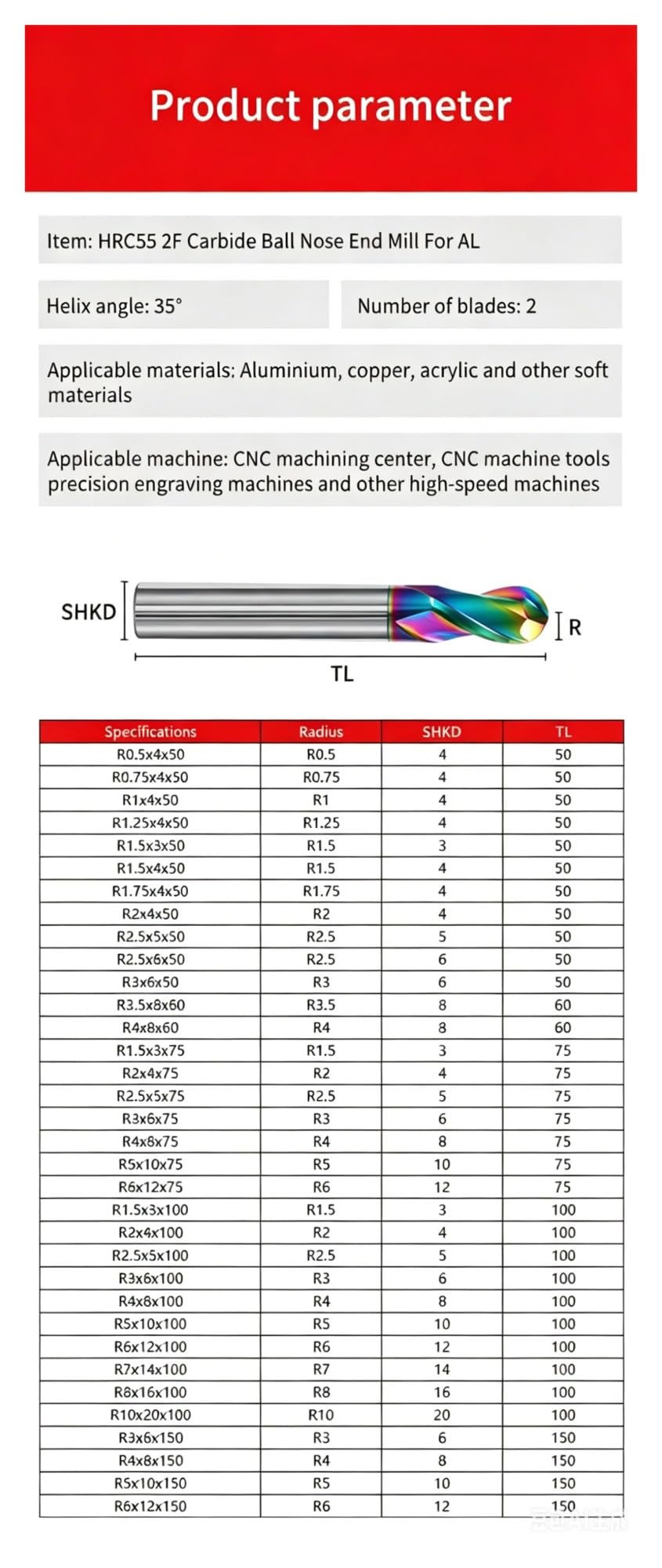 Fresa de punta bola aluminio colorida HRC55, 2 flautas, 50, 60, 75, 100, 150mm, fresa extremo acero tungsteno, herramientas máquina CNC, 1 Uds(R4x8x100)