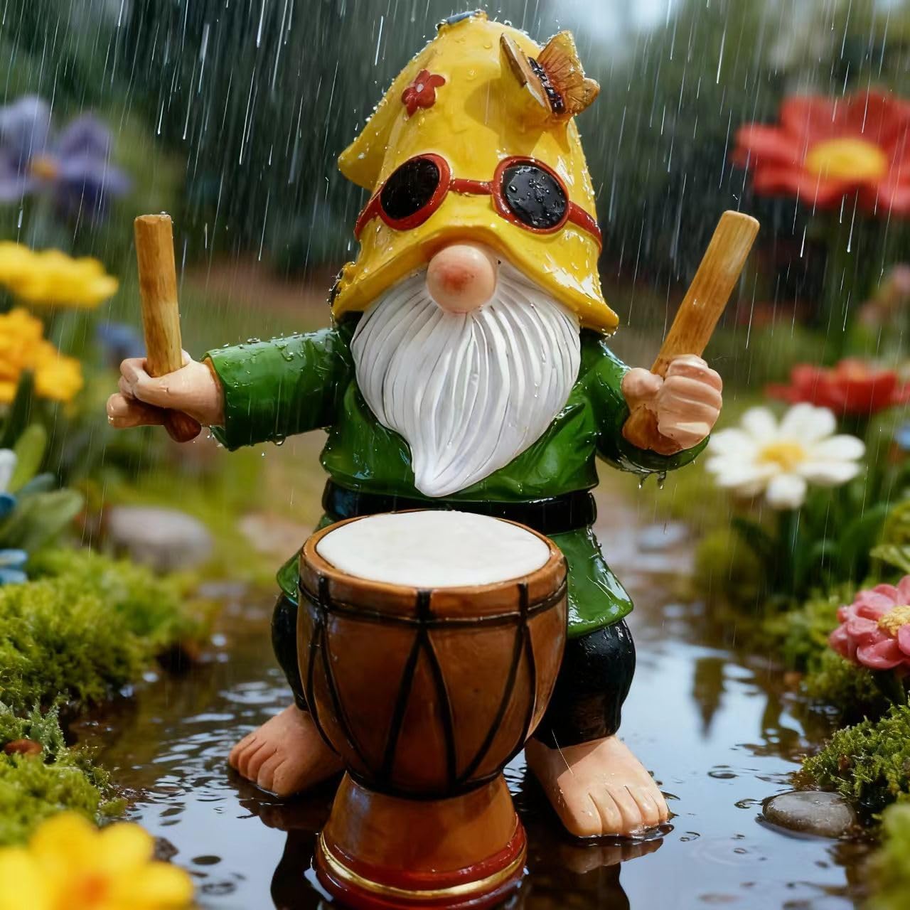 Garden Gnome Outdoor Decorative Statue, Yellow Hat with Sunglasses, Green Outfit, Drummer Design for Patio and Lawn Decor - Image 2