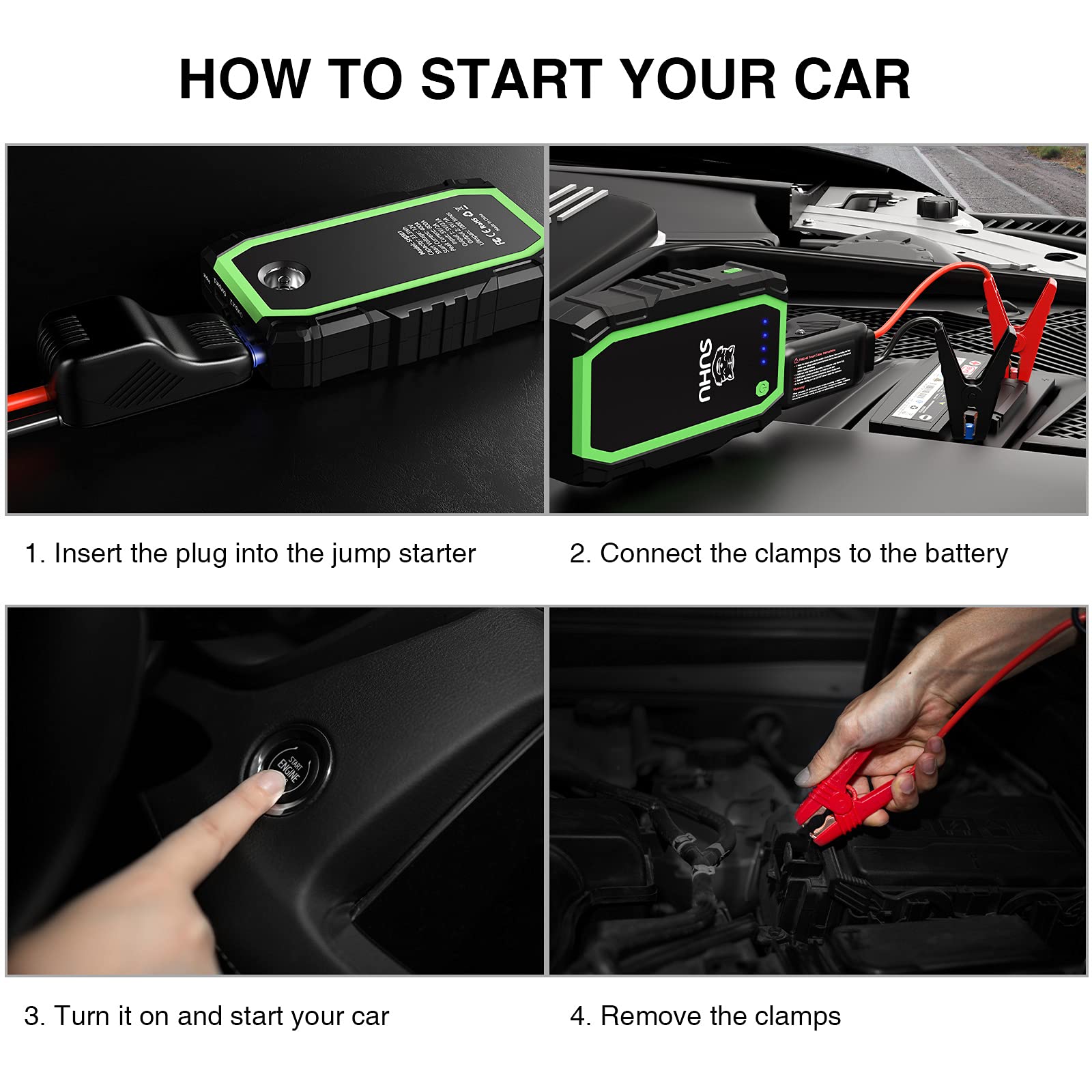 SUHU Battery Jump Starter, 1000A Peak 12V Portable Car Jump Starter (Up