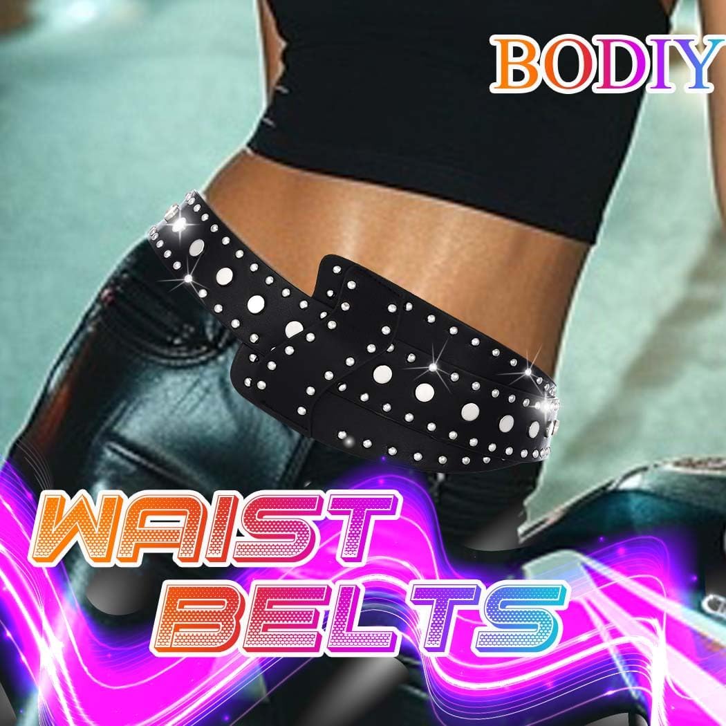 BODIY Rivets Wide Belts Black Punk Fashion Leather Belt Chunky Wide Waist Belt for Dresses Leather Accessories for Women - Image 2