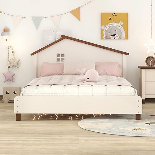 Merax Cama rústica para niños, cama baja con forma de casa para niños, marco de cama de plataforma de madera para niños, no necesita somier, fácil