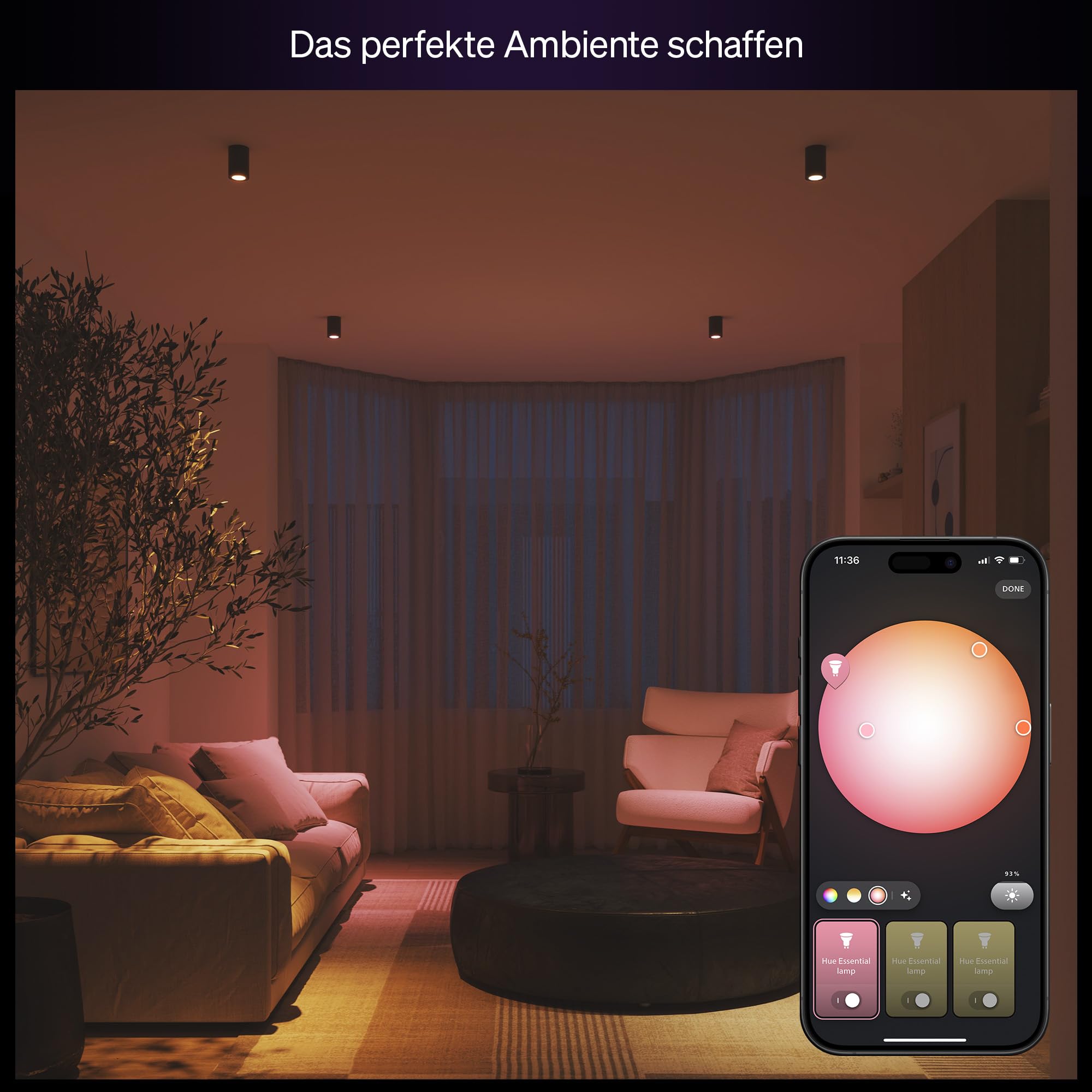 Philips Hue Essential Smart LED GU10 Spotlight, Weiß und Farbe, 345 lm Energiesparlampen, dimmbar, LED Leuchtmittel kompatibel mit Alexa, Google Assistant und Apple Home, 4er Pack