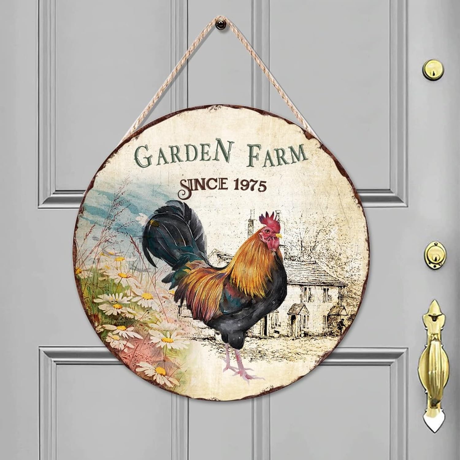 Vintage Front Door Sign, Garden Farm Since 1975 Wood Door Sign, Retro 16x16in Wall Hanging Sign Plaque Farmhouse Backyard Door Hanger Wall Decor Housewarming Gifts