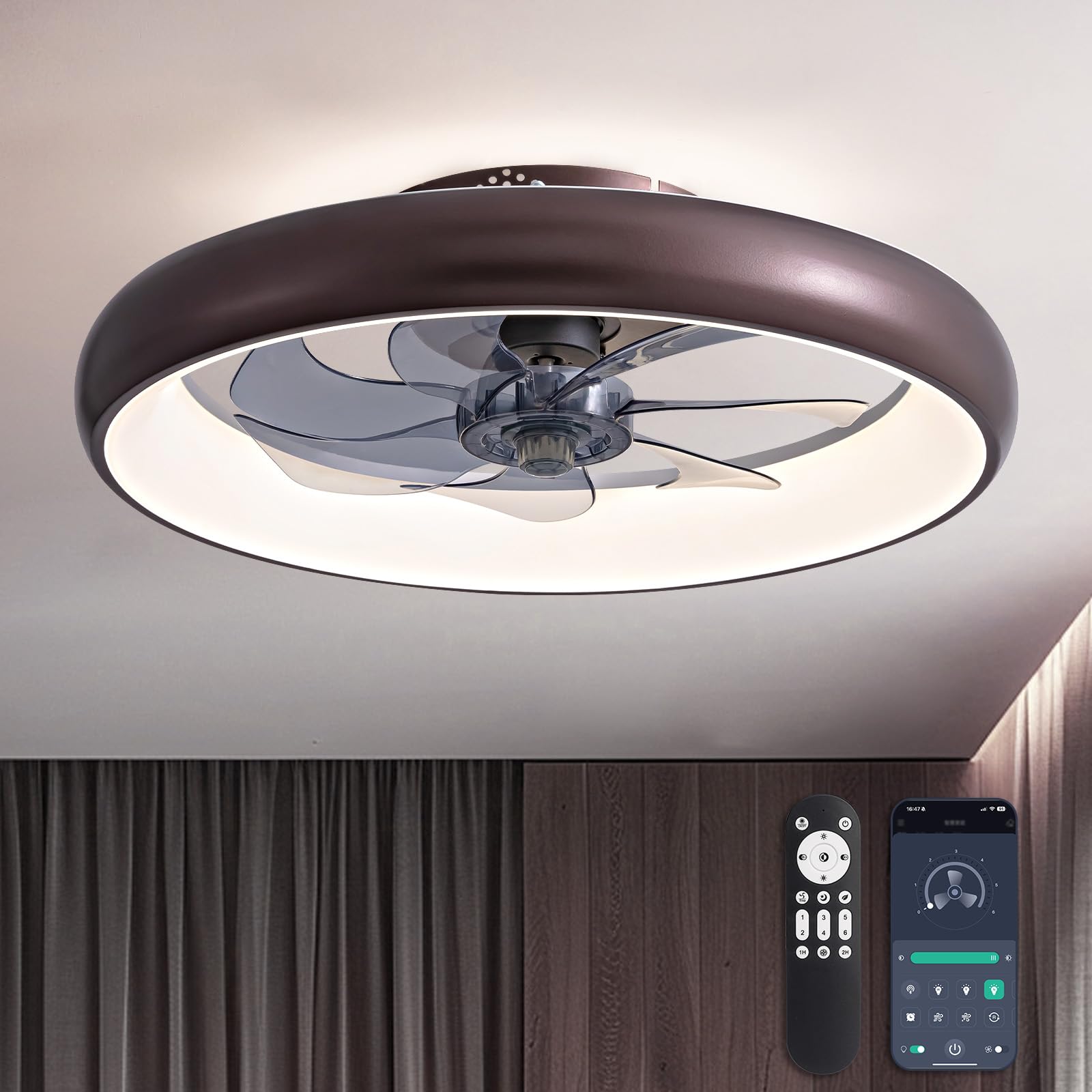 LUDOMIDE Ceiling Fan with Lights and Remote, 20'' Low Profile Flush Mount, 6 Wind Speeds, Modern Dimmable LED, Smart for Bedroom, Kids Room