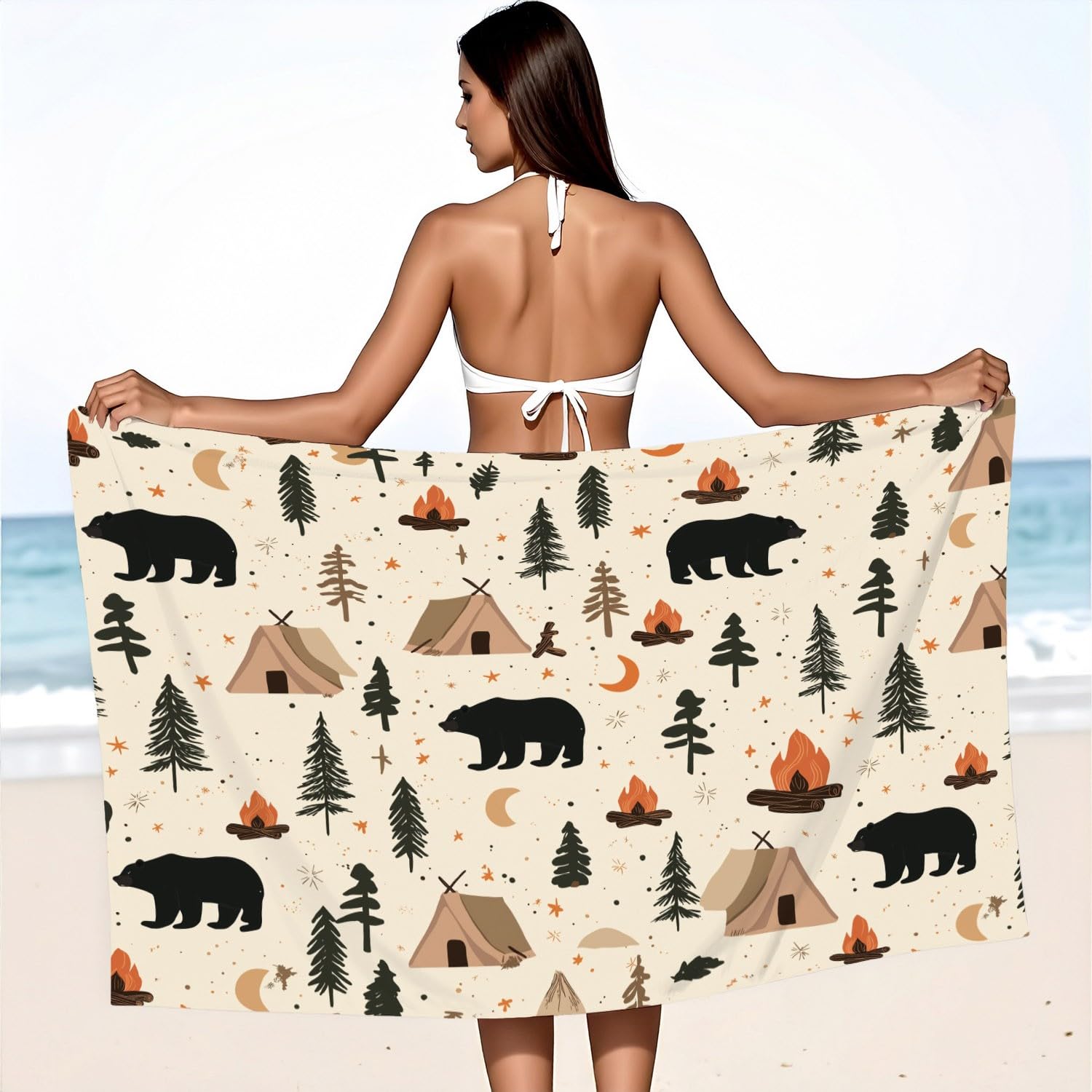 Serviette de Plage Microfibre Vintage Rustique, Drap de Plage Campagne Aventure Cocooning Silhouette Tente Ours Séchage Rapide Anti Sable & Légère, Serviette de Bain 200 cm x 100 cm Accessoire