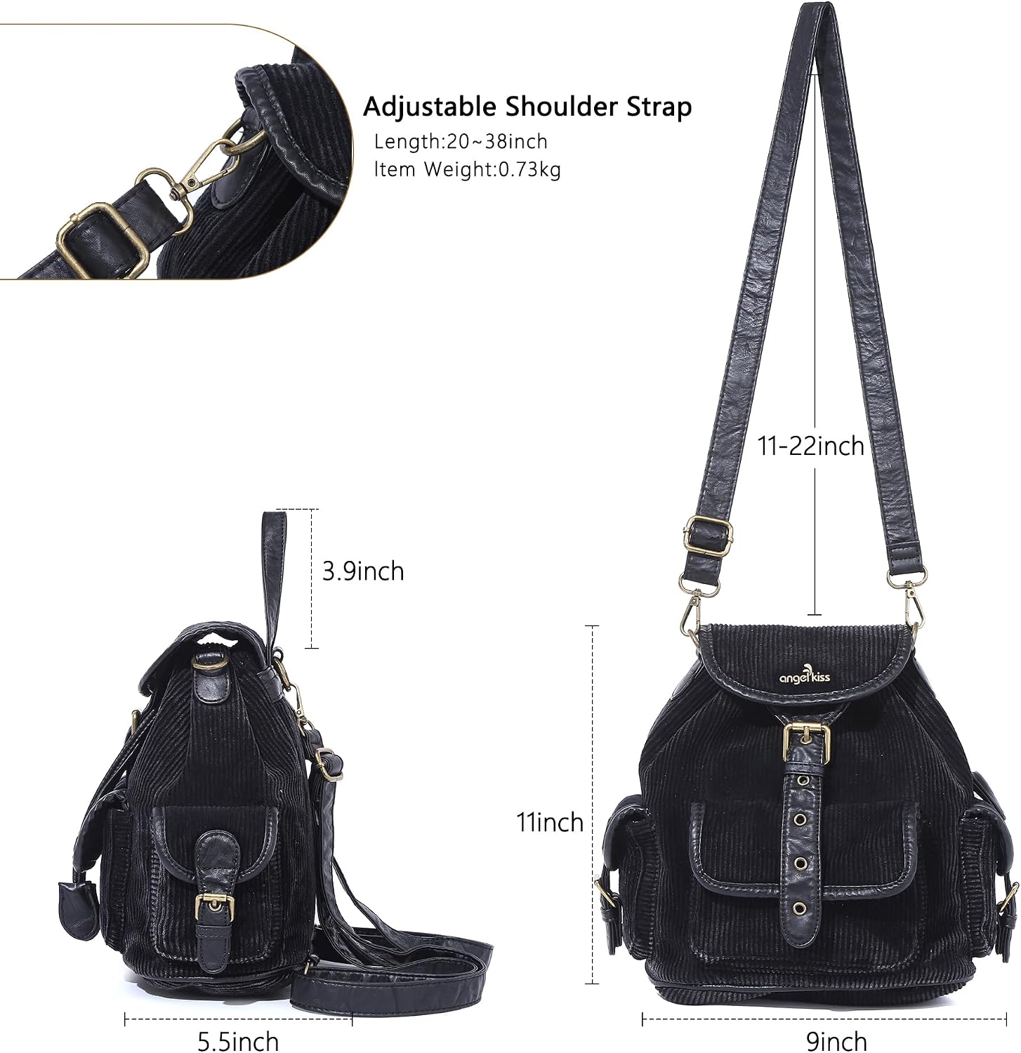 Angel Kiss Small Corduroy Backpack Purse for Women, 3-in-1 Convertible Shoulder Bag with Detachable Straps, Vintage Multi-Pocket Mini Daypack with Vegan Leather Trim for Travel & Everyday