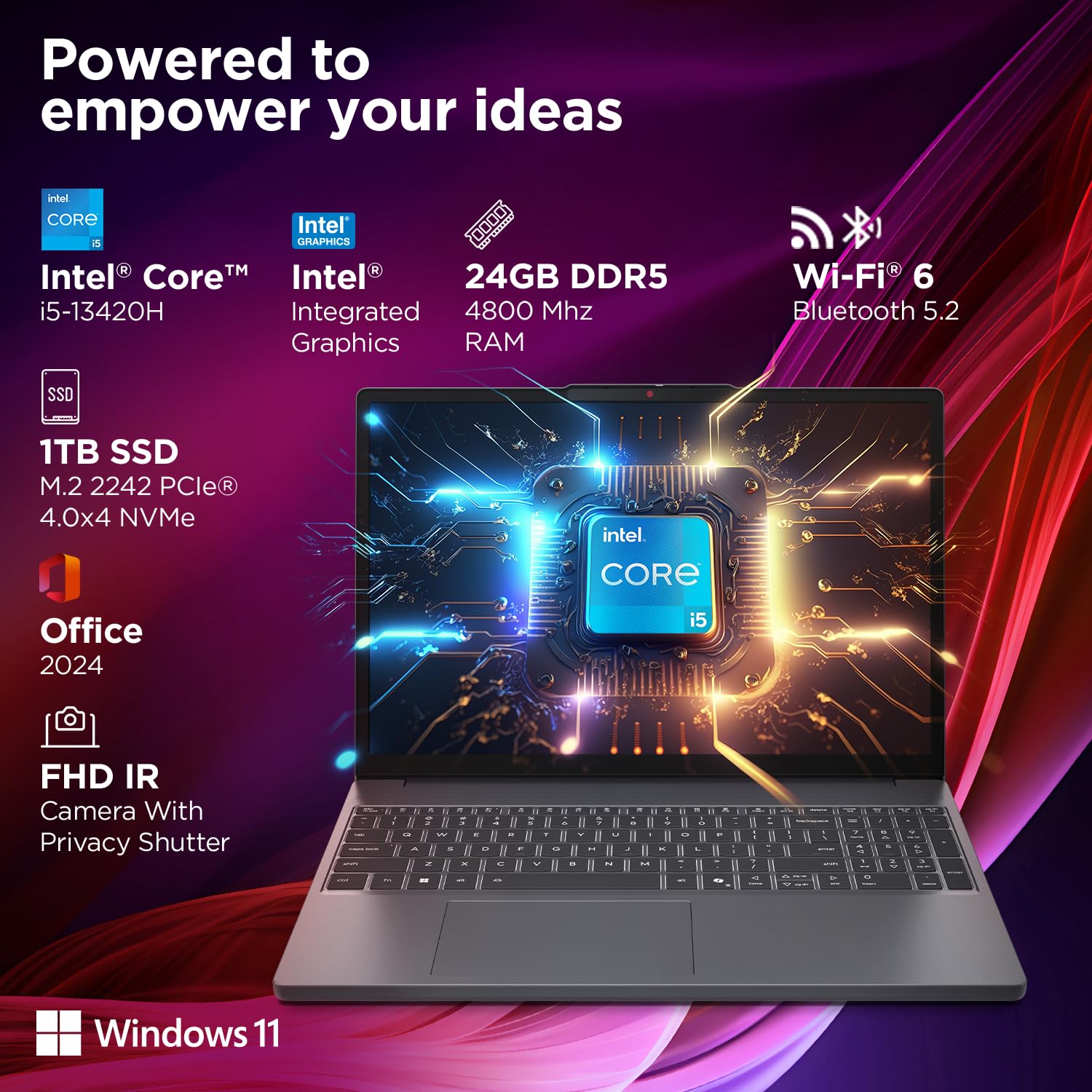 Lenovo IdeaPad Slim 3, 13th Gen Intel Core i5 13420H, 24GB RAM, 1TB SSD, WUXGA IPS, 15.3"/38.8cm, Windows 11, Office 2024, Grey, 1.6Kg, 83K100PLIN, Backlit Keyboard, 1Yr ADP Free, 83K1010FIN, Laptop — Amazon image 4
