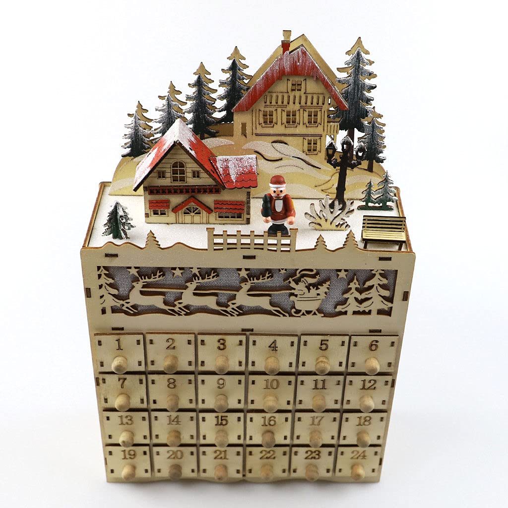 F Fityle Calendario 'Avvento in legno di Natale Casa con 24 cassetti e led conto rovescia per la decorazione di Natale piccoli