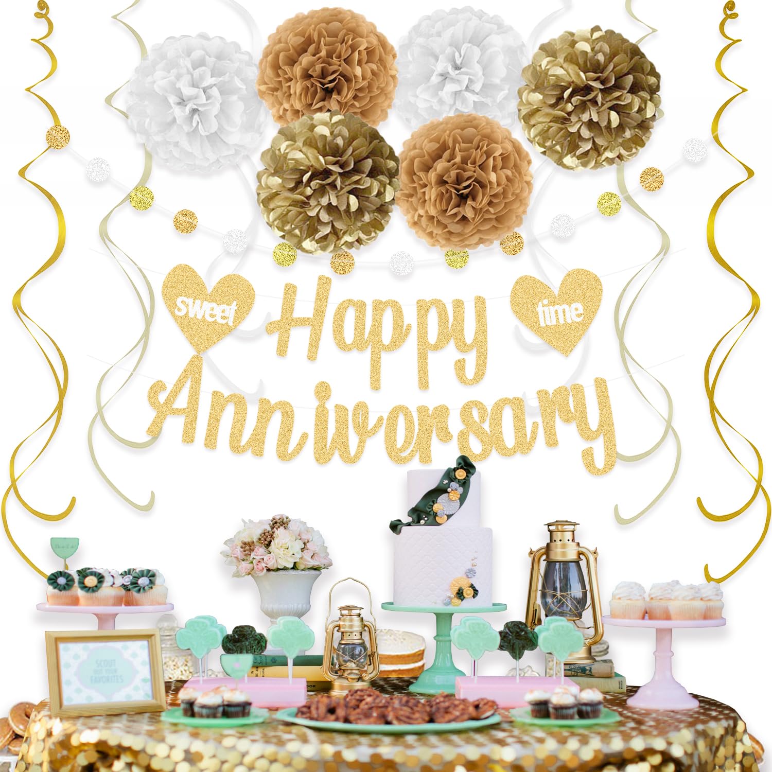 KOKAR Happy Anniversary Decorations Gold Happy Anniversary Banner, Paper Pom Poms, Hanging Swirls and Glitter Circle Dots Garland for Wedding Decorations