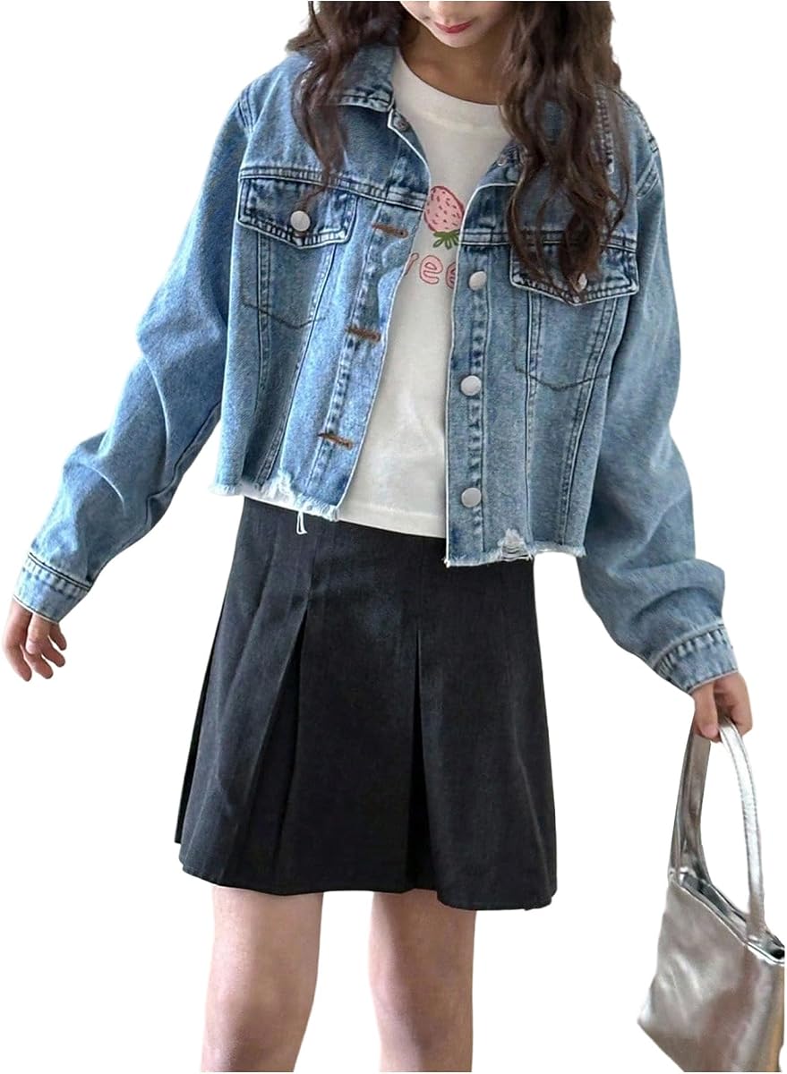 Floerns Girl's Cute Cropped Jean Jacket Button Down Frayed Trendy Fall Denim Jacket